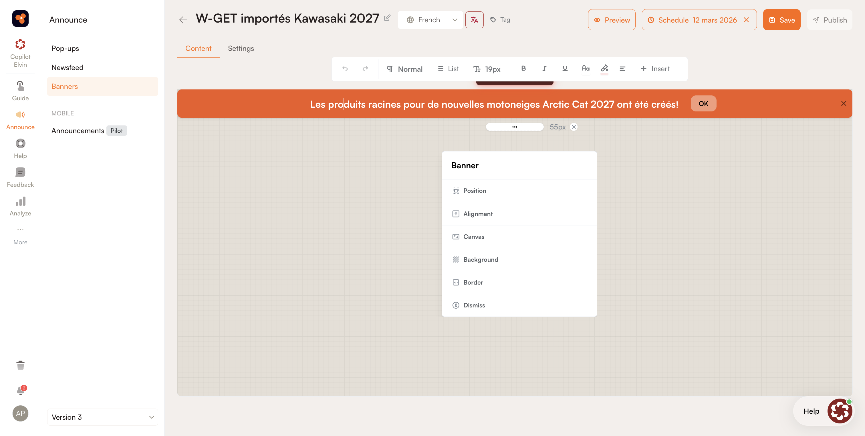 Step #3: Rédigez le texte de votre annonce et ajustez le style visuel (position, alignement, arrière-plan) en utilisant le menu de configuration.