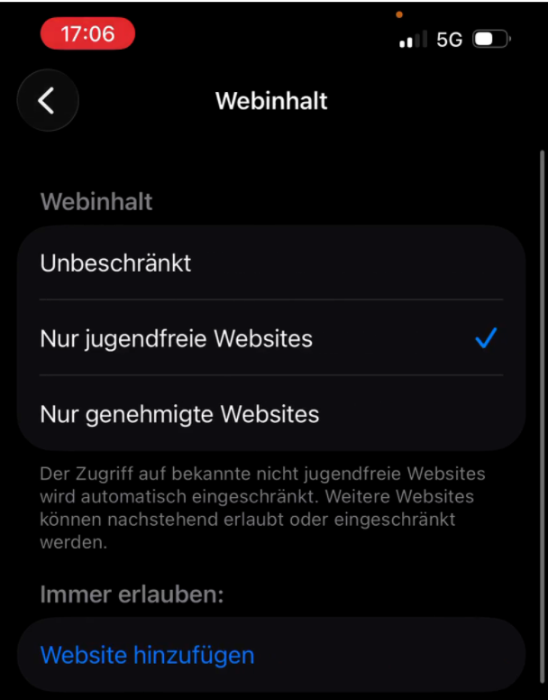 Step #14: Wähle die Option Nur jugendfreie Websites aus, um unangebrachte Inhalte automatisch zu blockieren.
