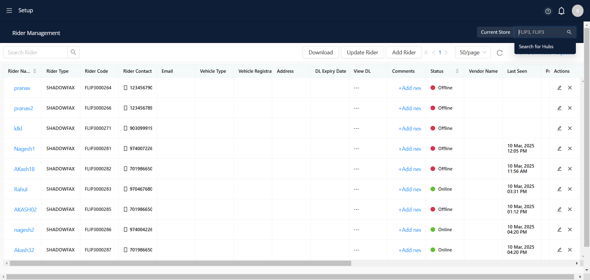 Step #8: After selecting the 'Rider Management' option, the system will take you to the Rider Management page, where you need to enter the store name in the designated field for the current store.Please select your store name from the 'Current Store' field