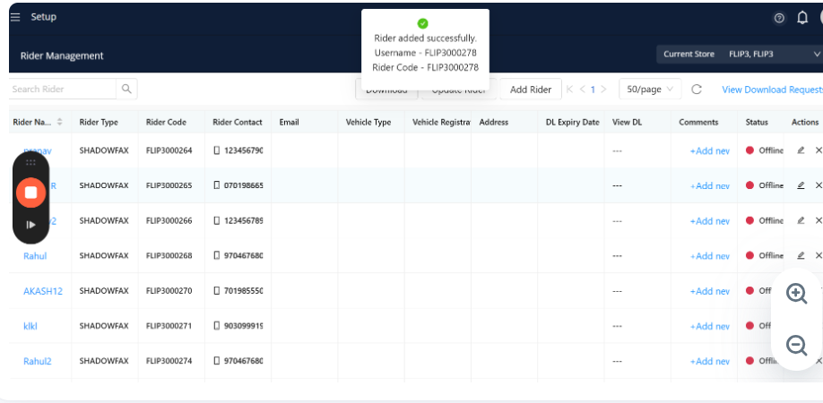 Step #20: Once the rider's information is submitted, the system will navigate to the Rider Management page and securely store the rider's details, including the username and rider code.