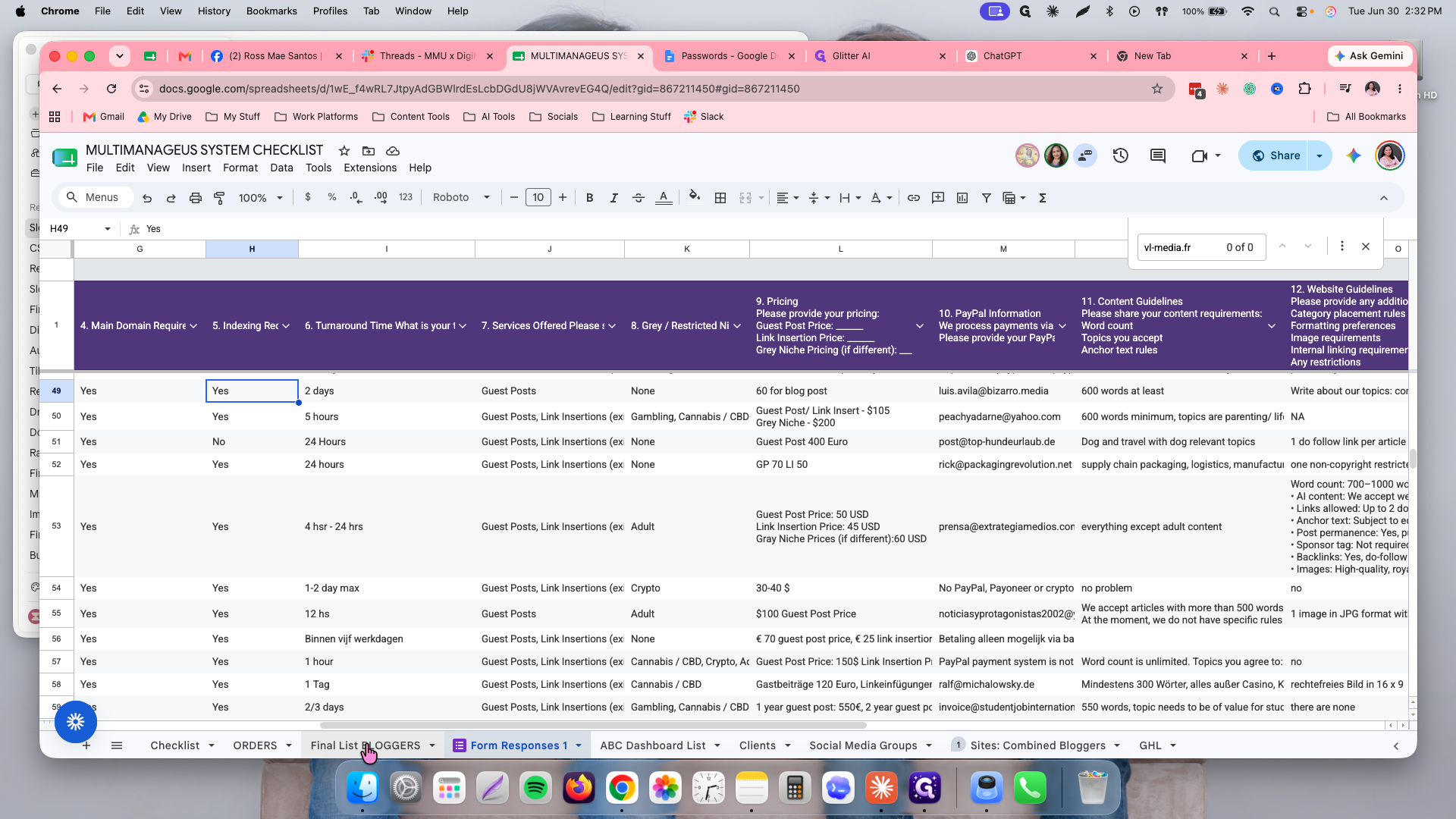 Step #5: Click the Final List BLOGGERS tab at the bottom of the spreadsheet.