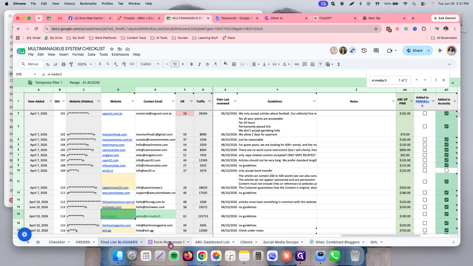 Step #2: Click the Form Responses 1 tab at the bottom of the screen to view vendor data.