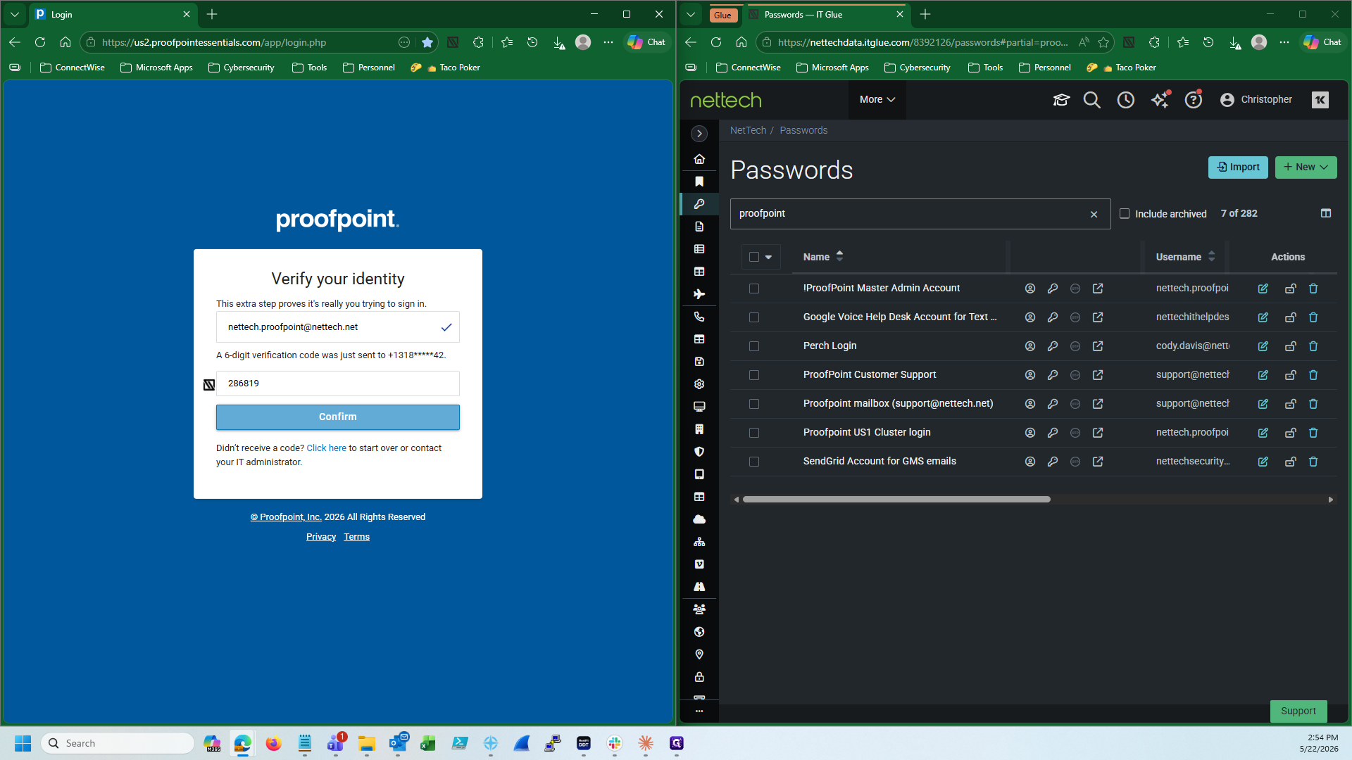 Step #3: Enter the credentials into Proofpoint. Retrieve the 6-digit verification code from the Google Voice SMS Slack channel, paste it into the prompt, and click Confirm to log in.