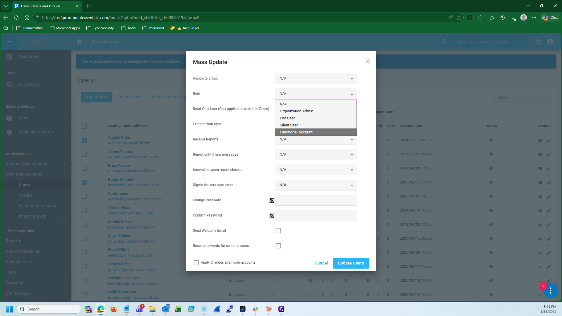 Step #9: In the Mass Update modal, open the Role drop-down menu and select Functional Account.