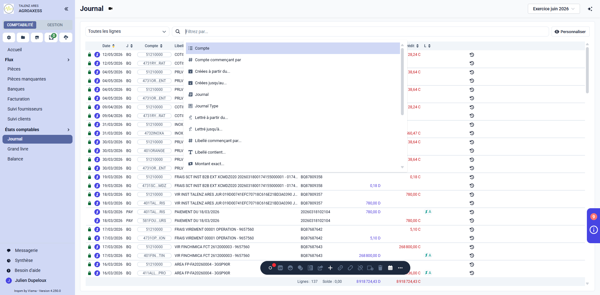 Step #2: Ouvrez le menu déroulant des filtres pour affiner les écritures comptables affichées selon vos critères (numéro de compte, type de journal, libellé).