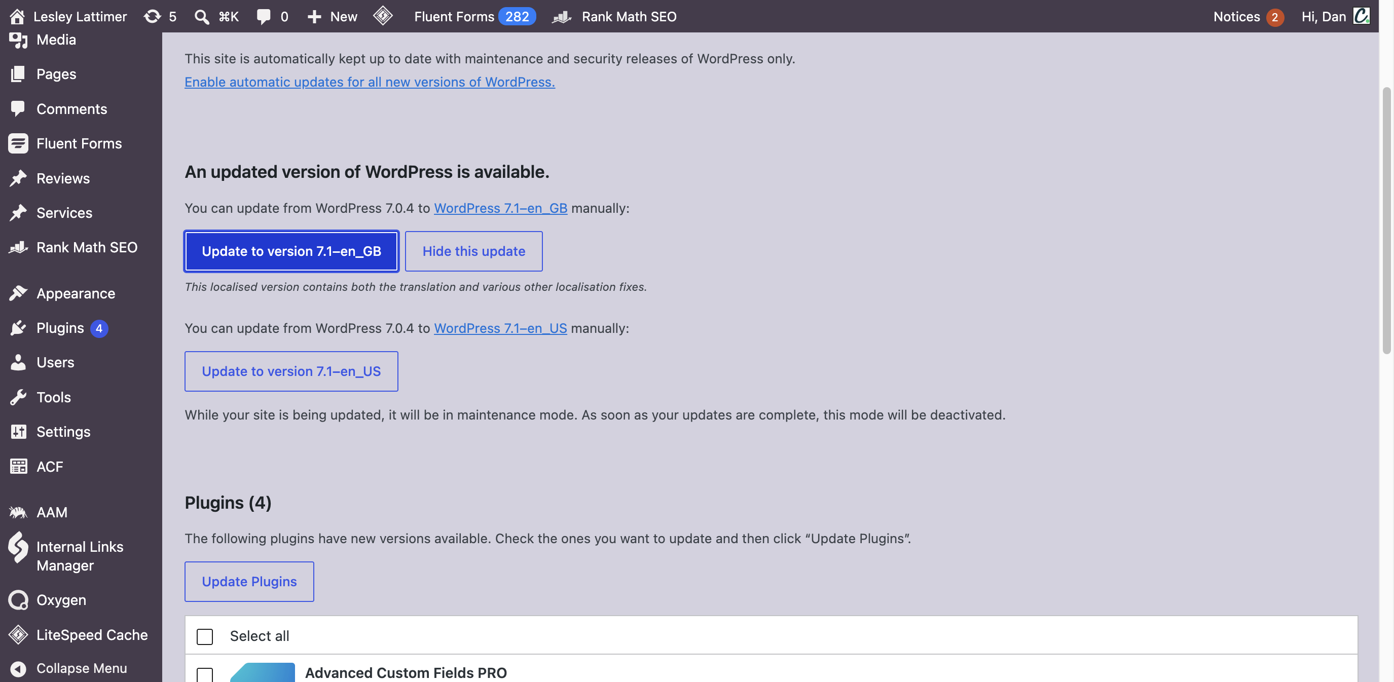 Step #3: Click Update to version to upgrade WordPress core.