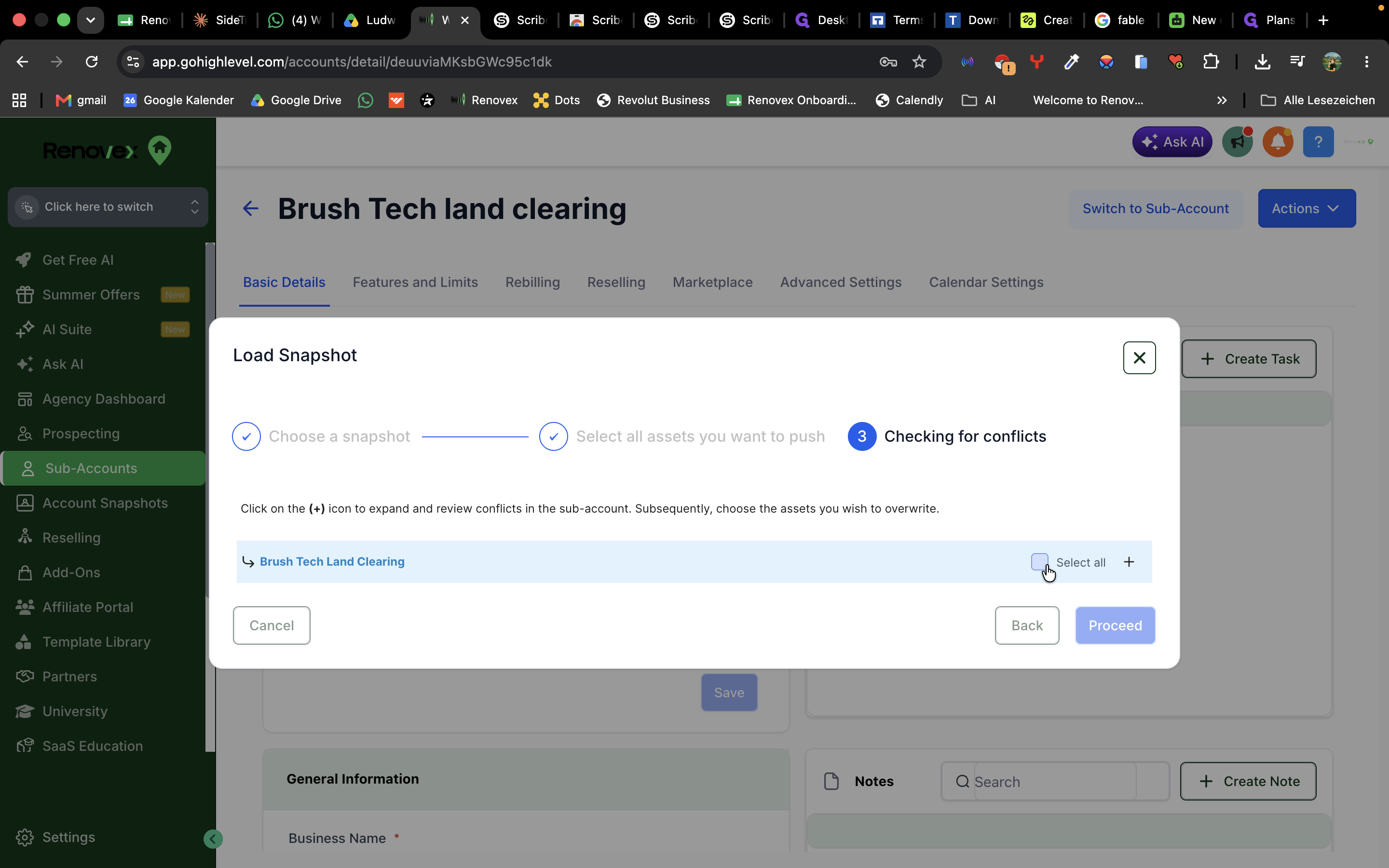 Step #12: Click Select all to ensure all necessary assets load into the account, then click Proceed.
