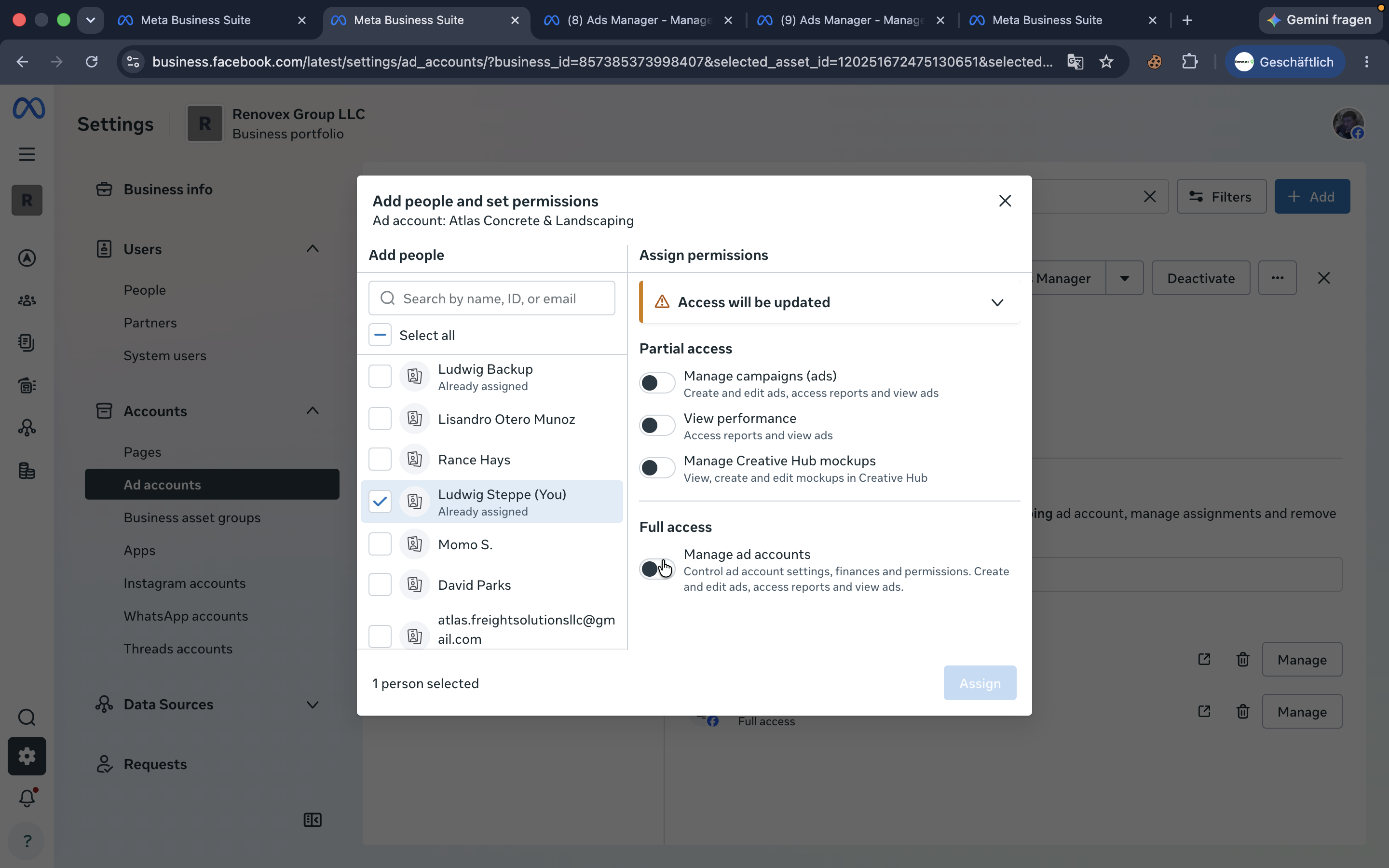 Step #23: Toggle on full access permissions, then click Assign.