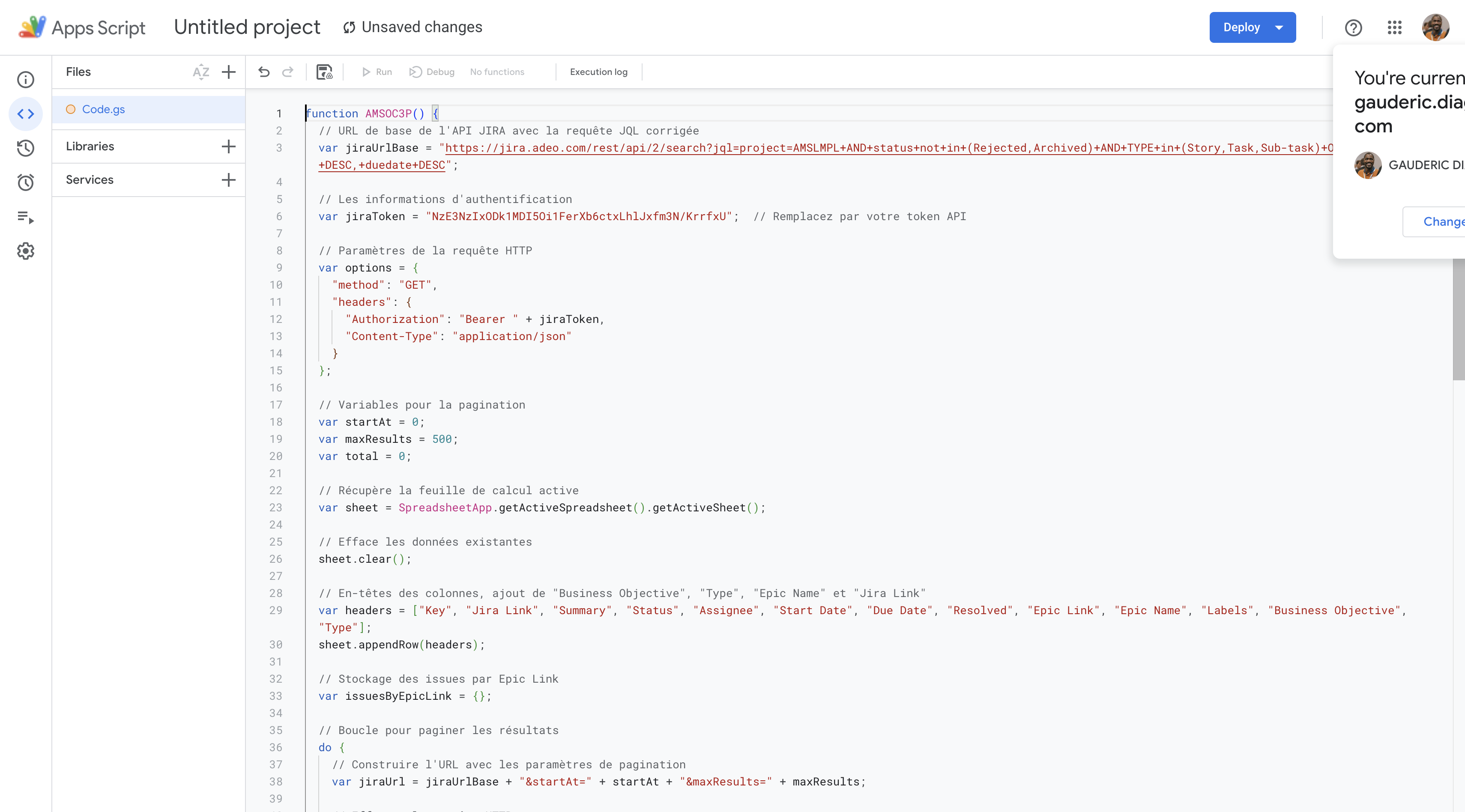 Step #8: Paste the provided Apps Script code (see example below).Replace YOUR_JIRA_DOMAIN, YOUR_API_TOKEN, and YOUR_JQL_QUERY with your actual values.