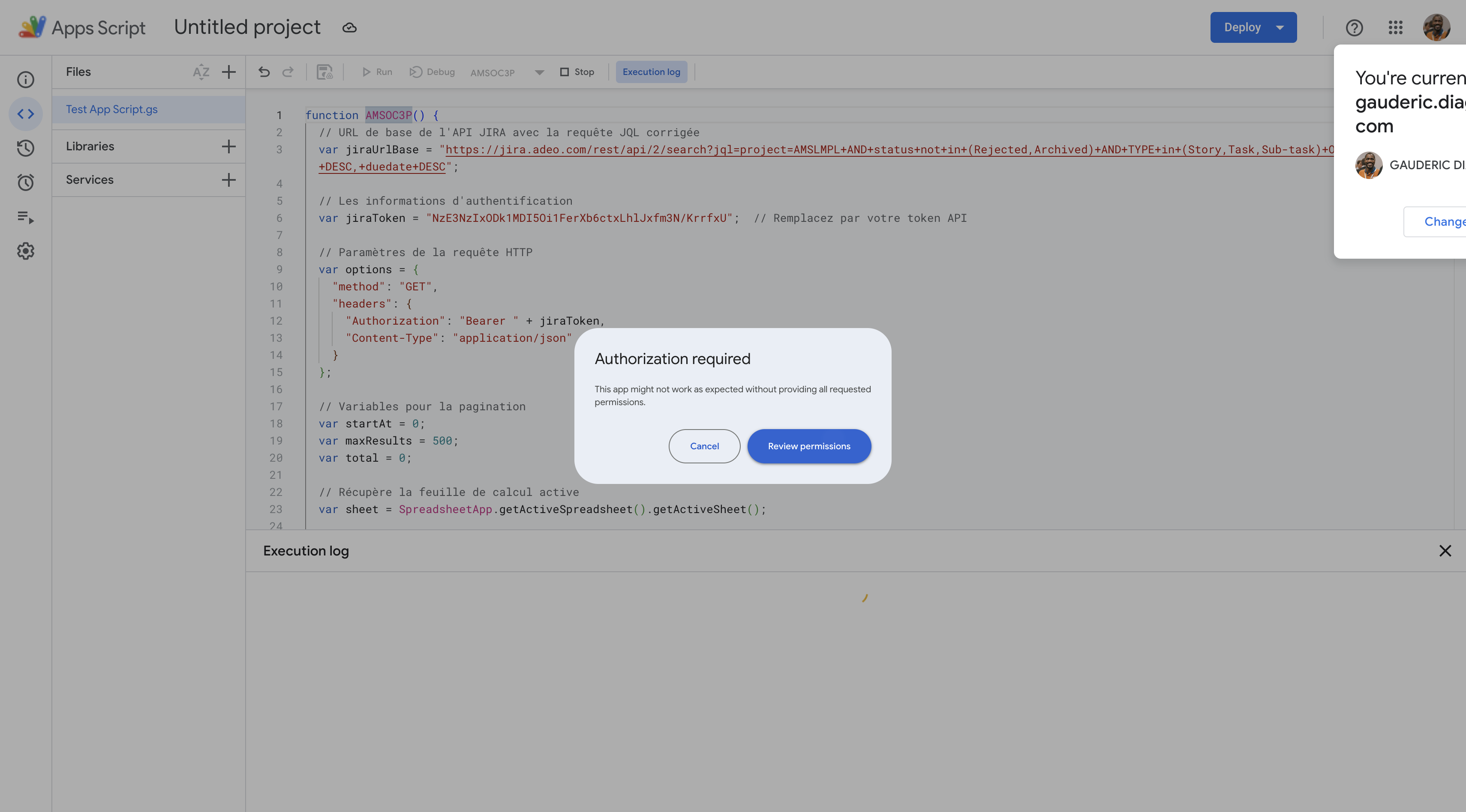 Step #14: You can have the message to "Review permissions" to authorize the script to access your Google Sheet and Jira.