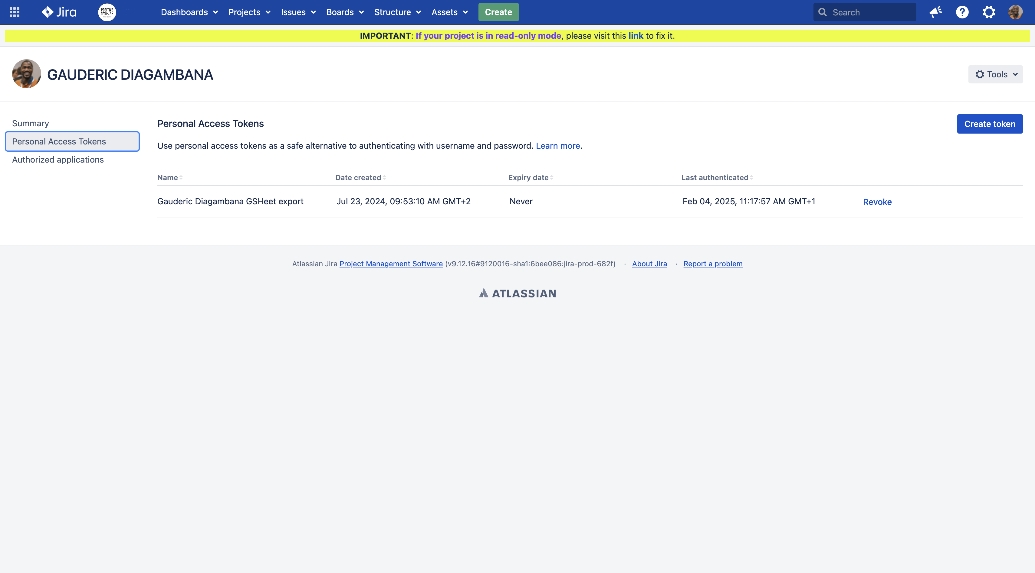 Step #2: Click on "Personal Access Tokens"