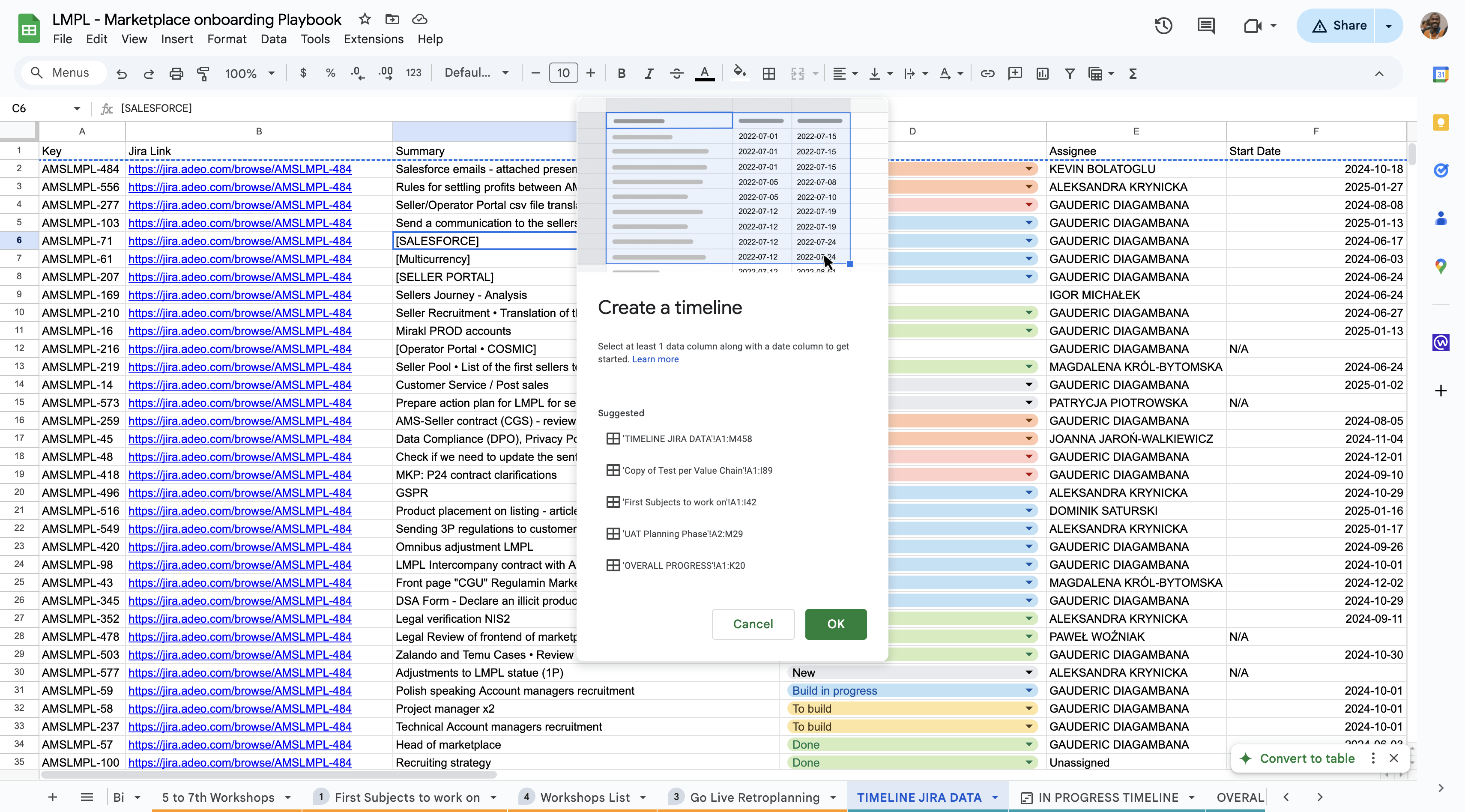 Step #17: Select the desired range of data for your timeline. This data will be used to generate the visual representation and must include the start date and due date.Click "OK" to proceed.