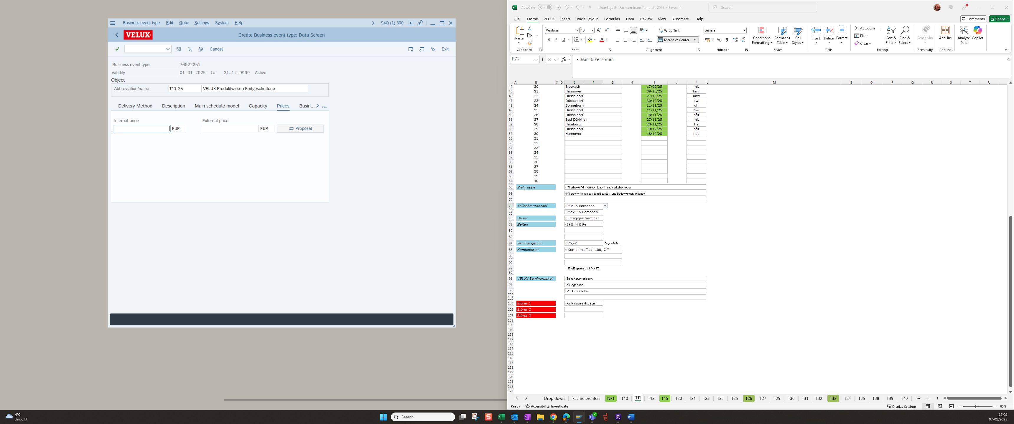 Step #23: The seminar price is available in the excel file from the line "Seminargebühr"