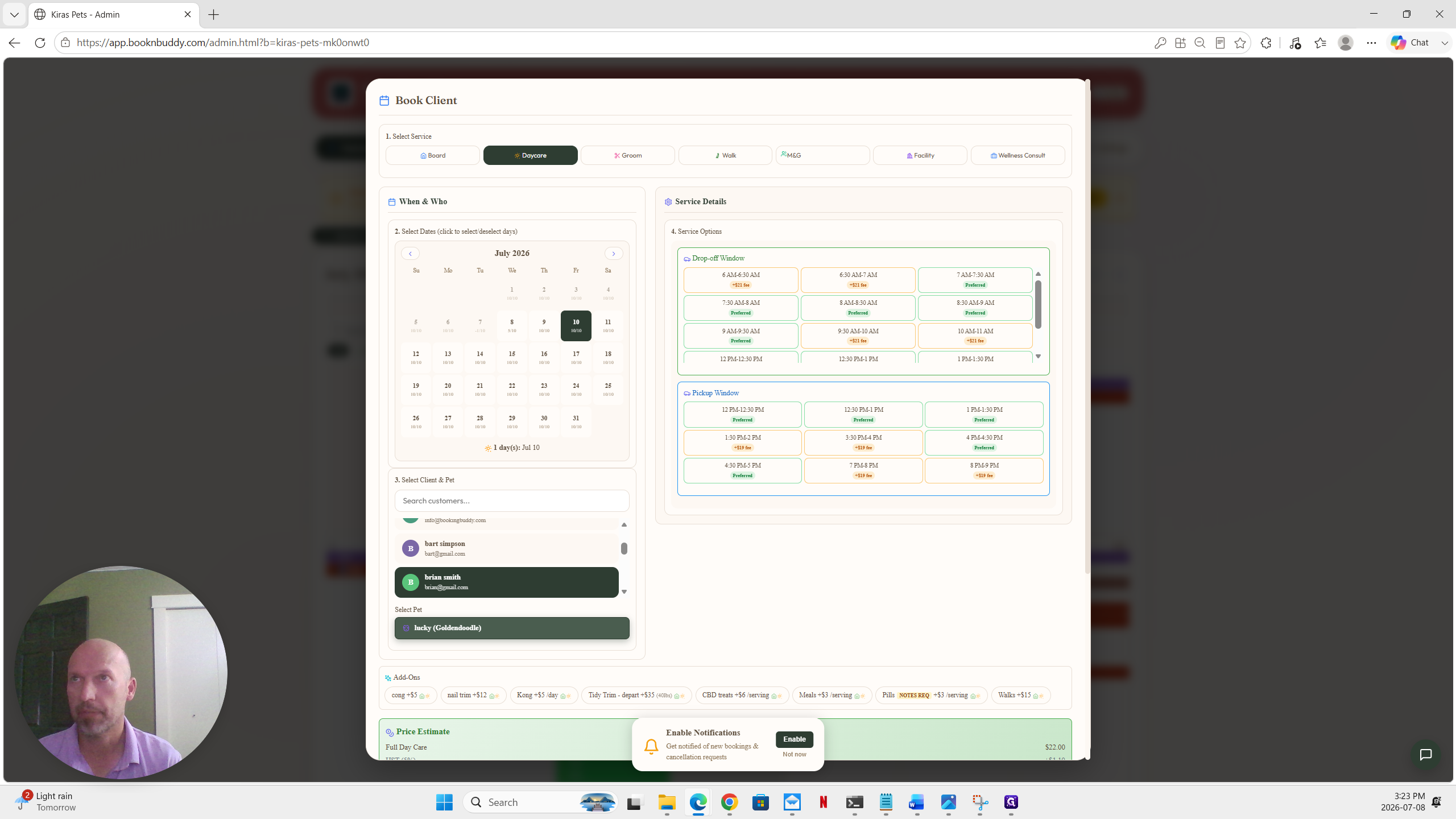 Step #4: If the customer needs an earlier drop-off than your preferred window, select the custom drop-off time. This will automatically apply any configured extra fees (e.g., + $ 21 fee).