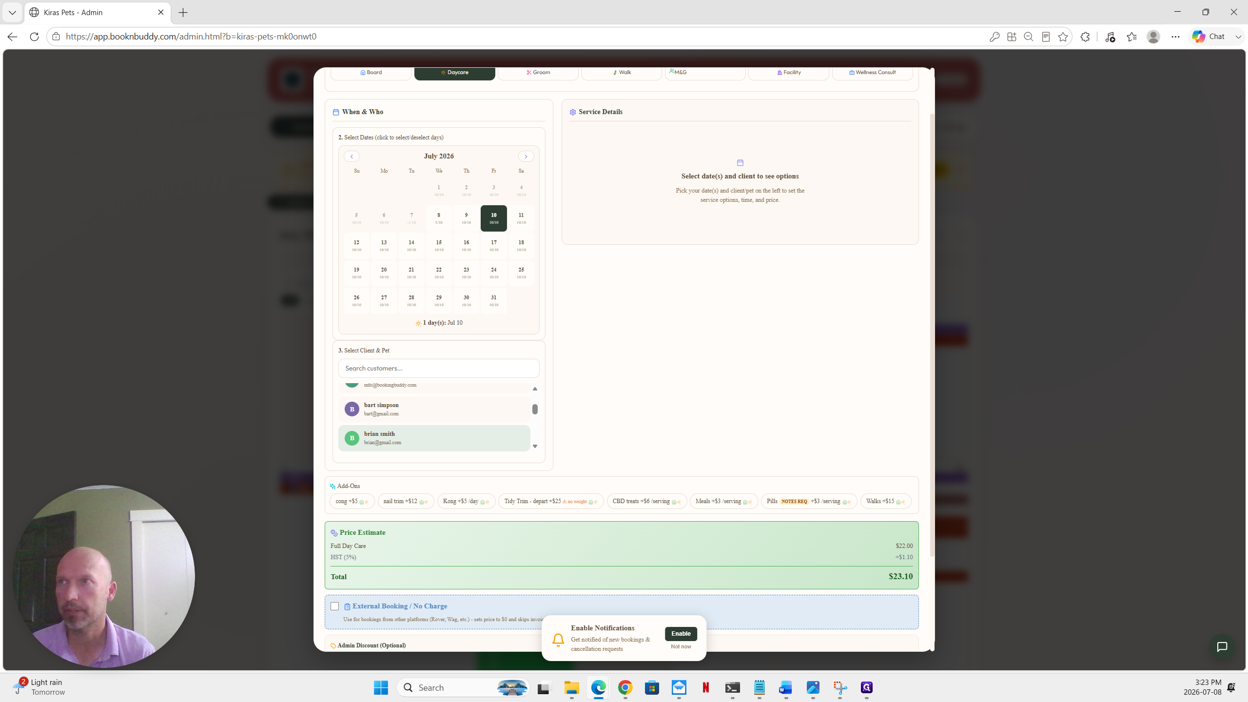 Step #3: Select the client and the pet they are booking for.