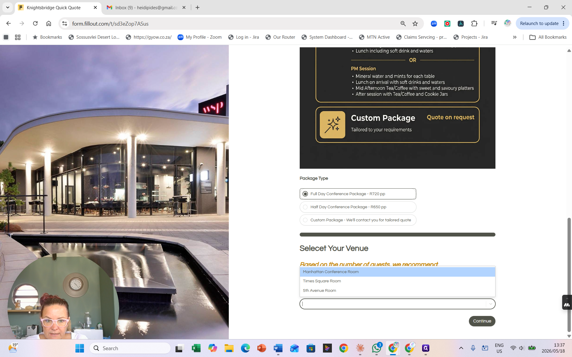 Step #9: Select the desired venue. While the system recommends rooms based on the guest count, you can manually override this (e.g., selecting the Manhattan Conference Room).