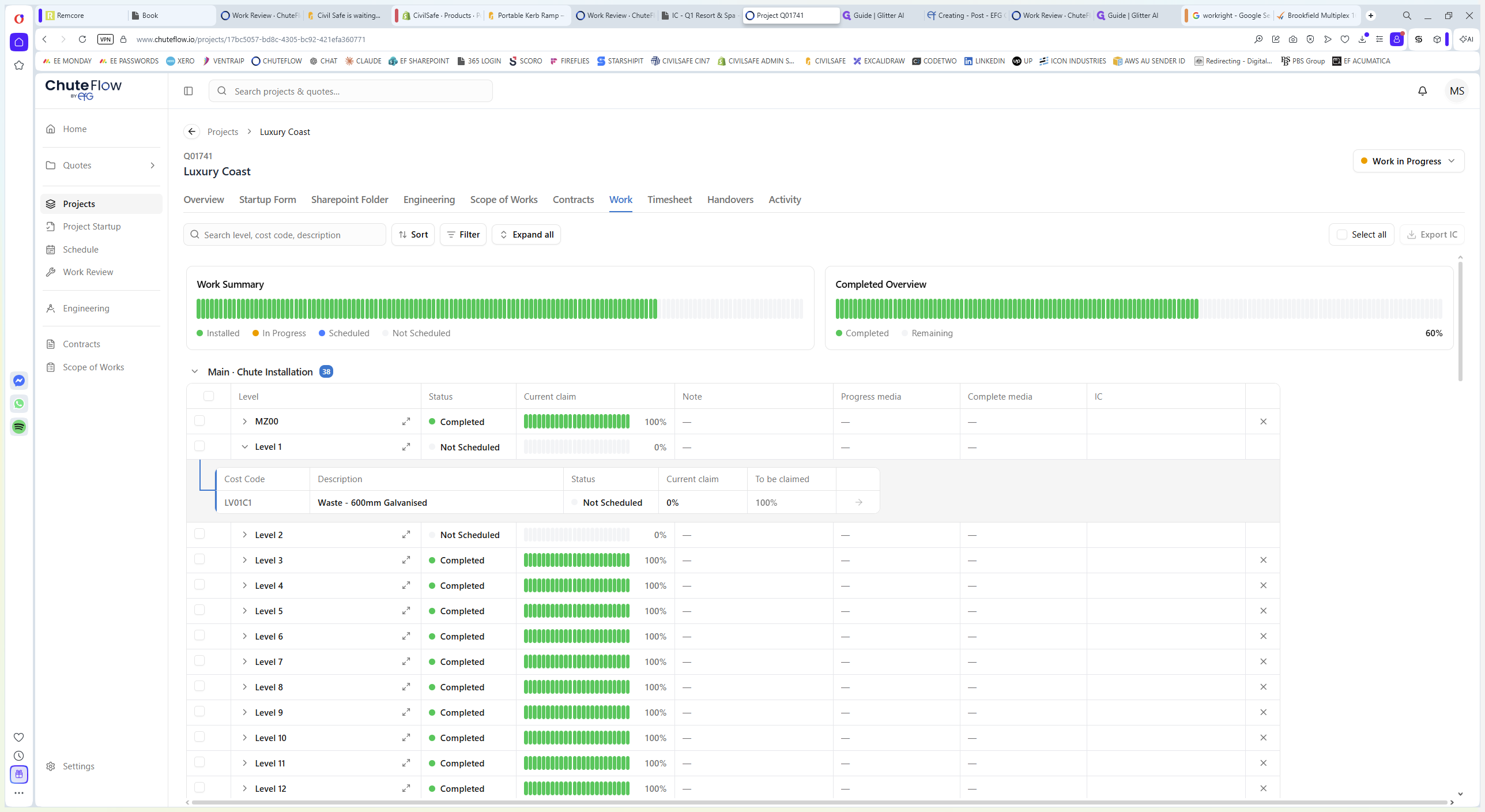 Step #1: Click the Work tab to view everything that has been claimed or is yet to be claimed for the project.