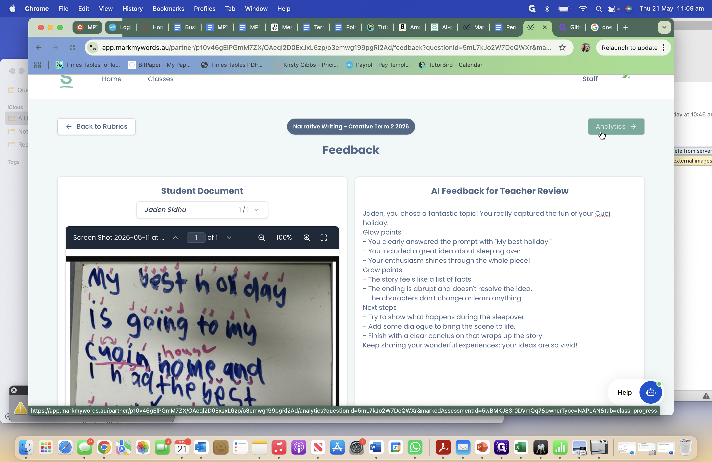 Step #12: Click Analytics to view performance data and recommended focus areas.