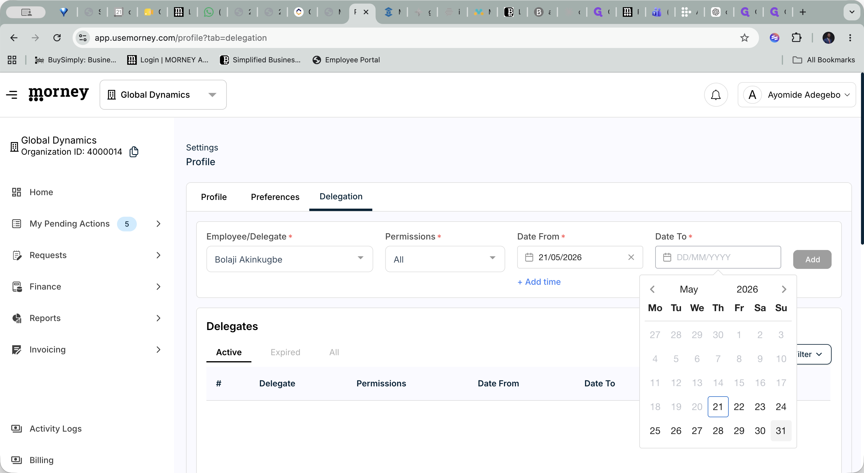 Step #7: Click the Date To field and select the final date for the delegation period.