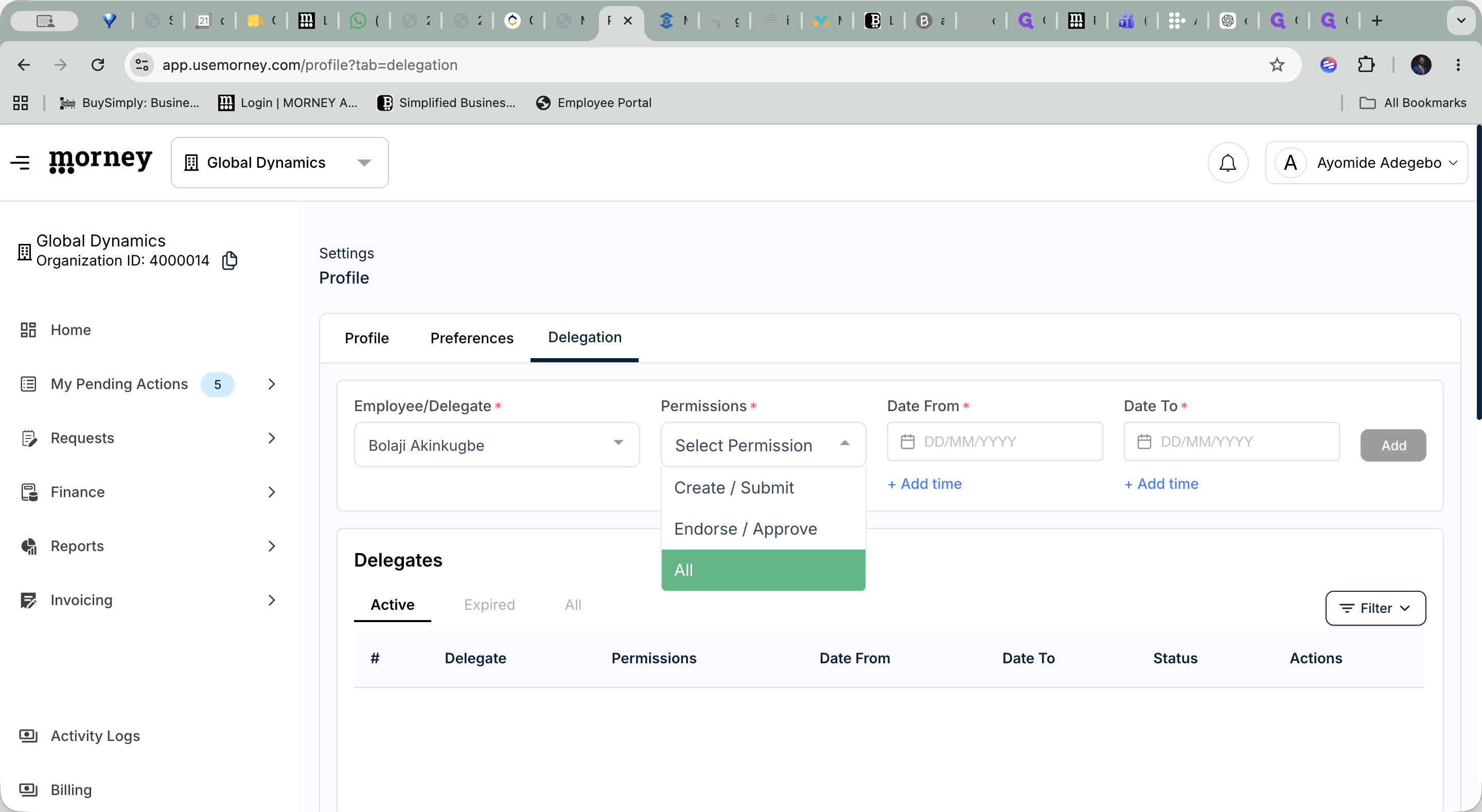 Step #4: Click the Permissions dropdown and select the appropriate access level for this delegate.
