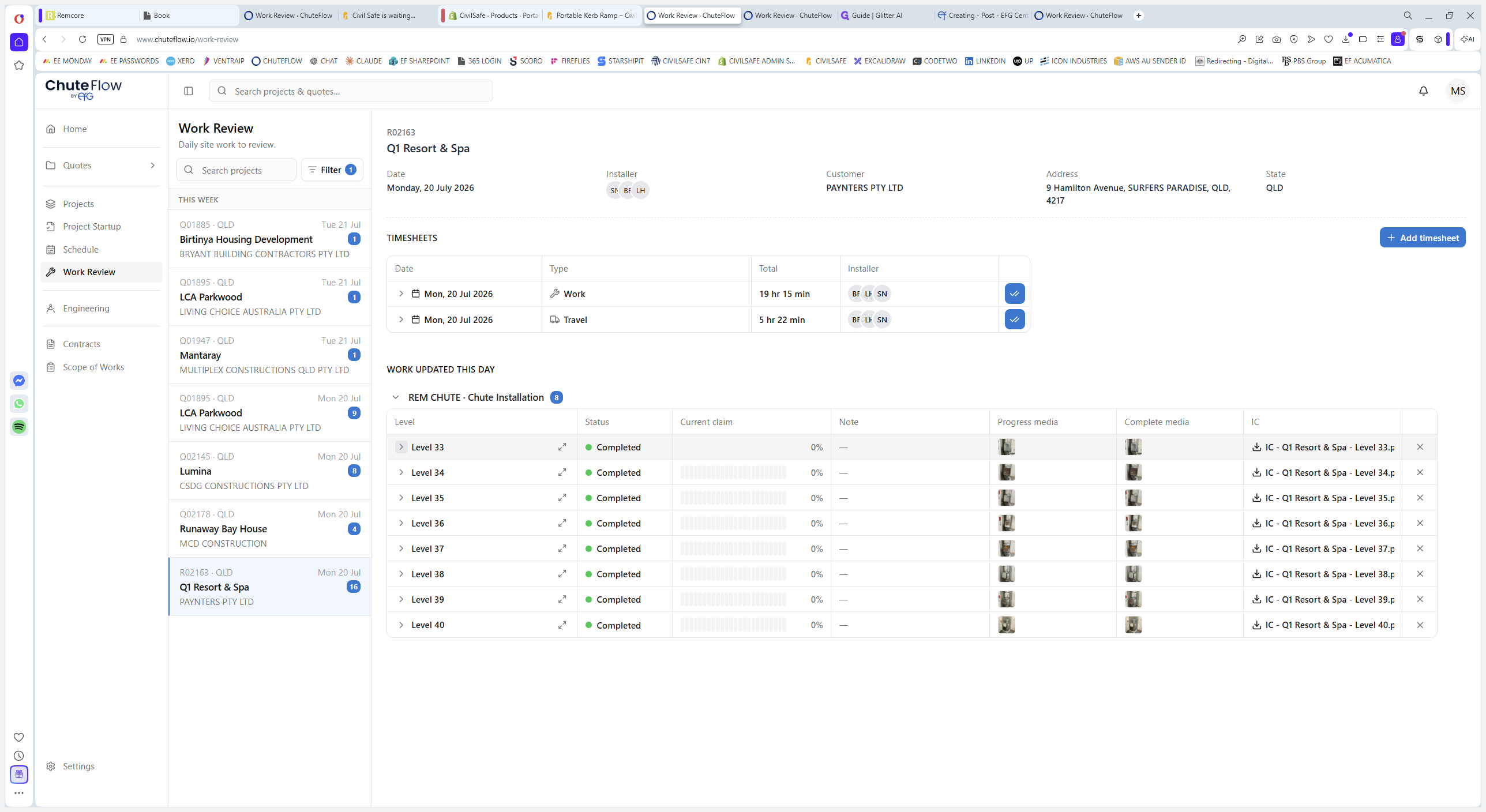Step #6: Click on an installation claiming line to view the completion status set by the installer.