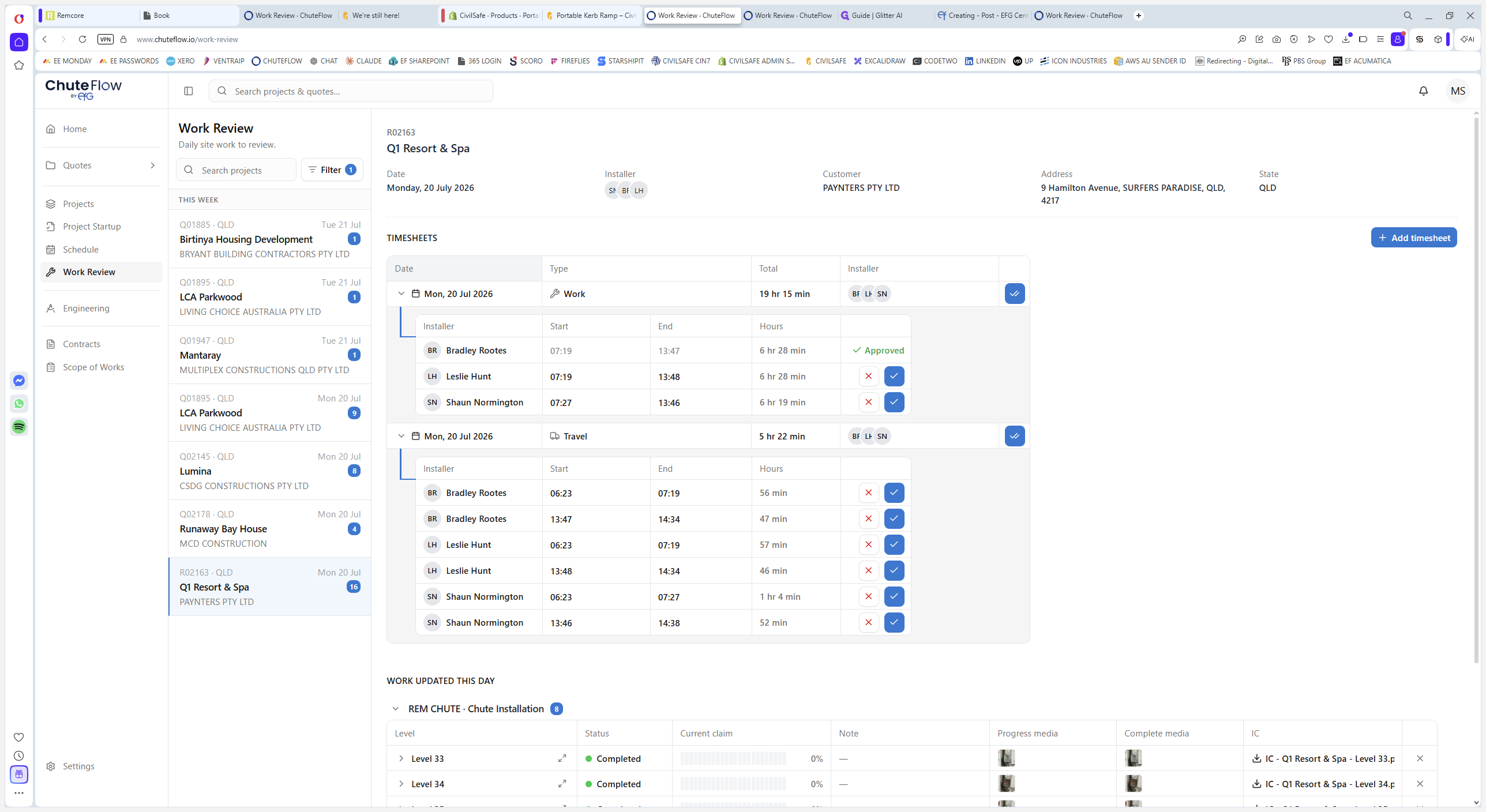 Step #4: Expand the timesheet rows to view individual travel times and work times submitted by each installer.