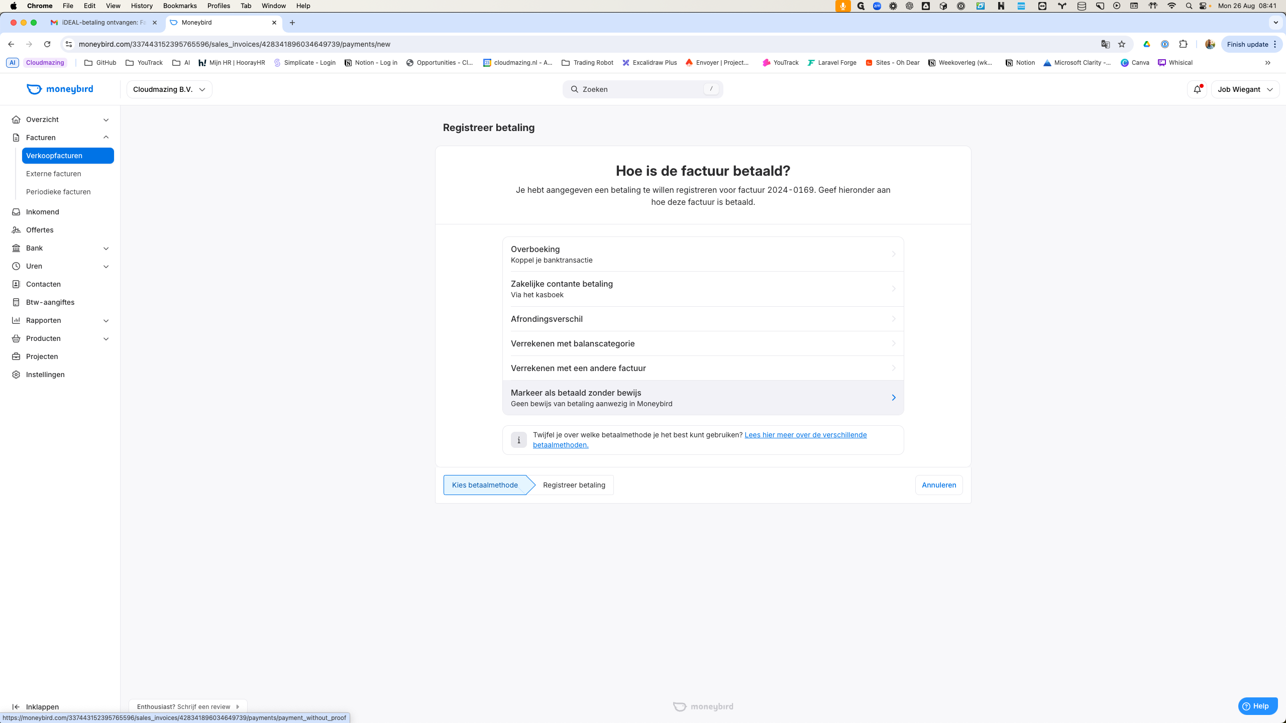 Step #9: Klik op "Geen bewijs van betaling aanwezig in Moneybird"