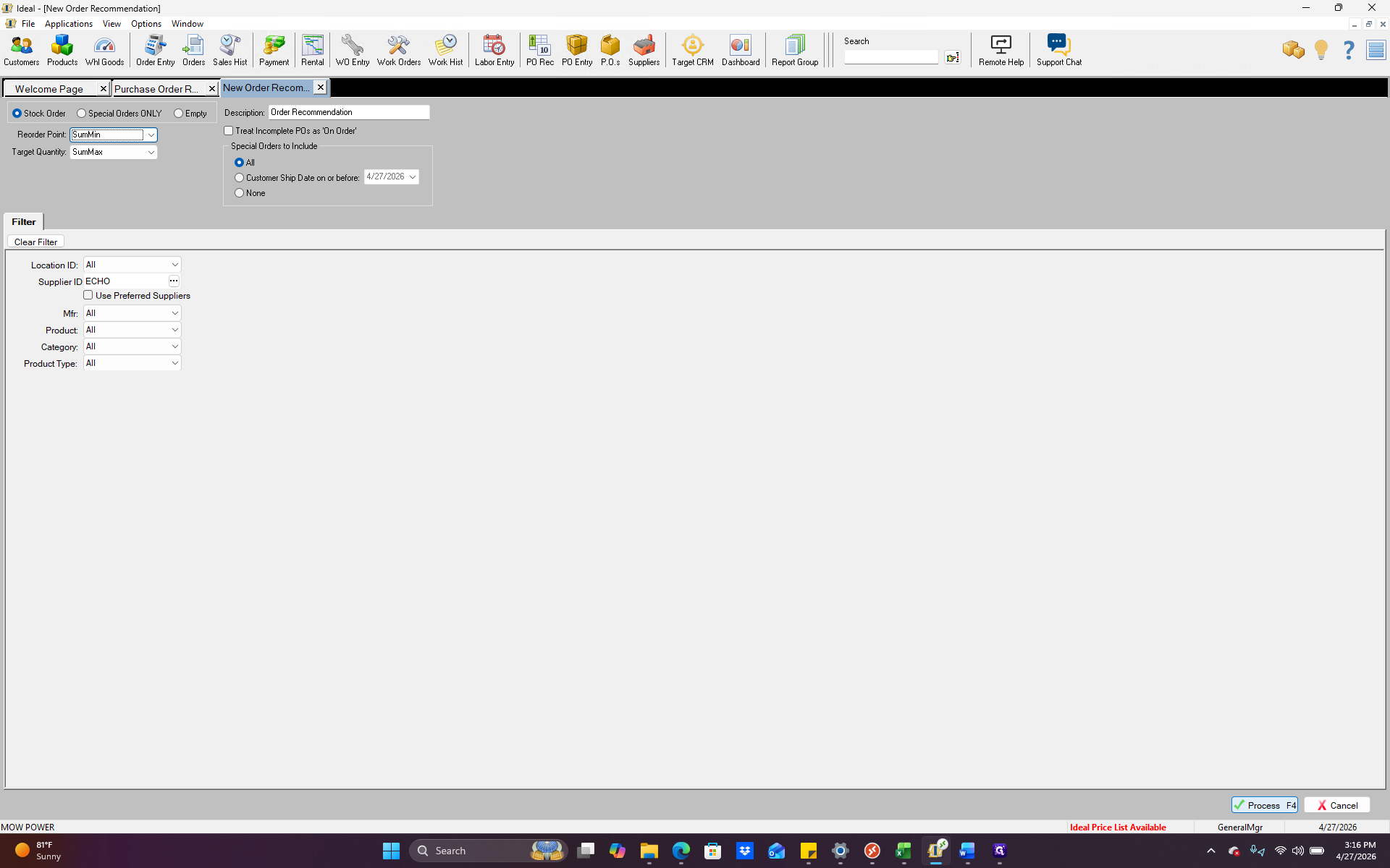 Step #6: Click Process to generate the recommendation list based on your criteria.