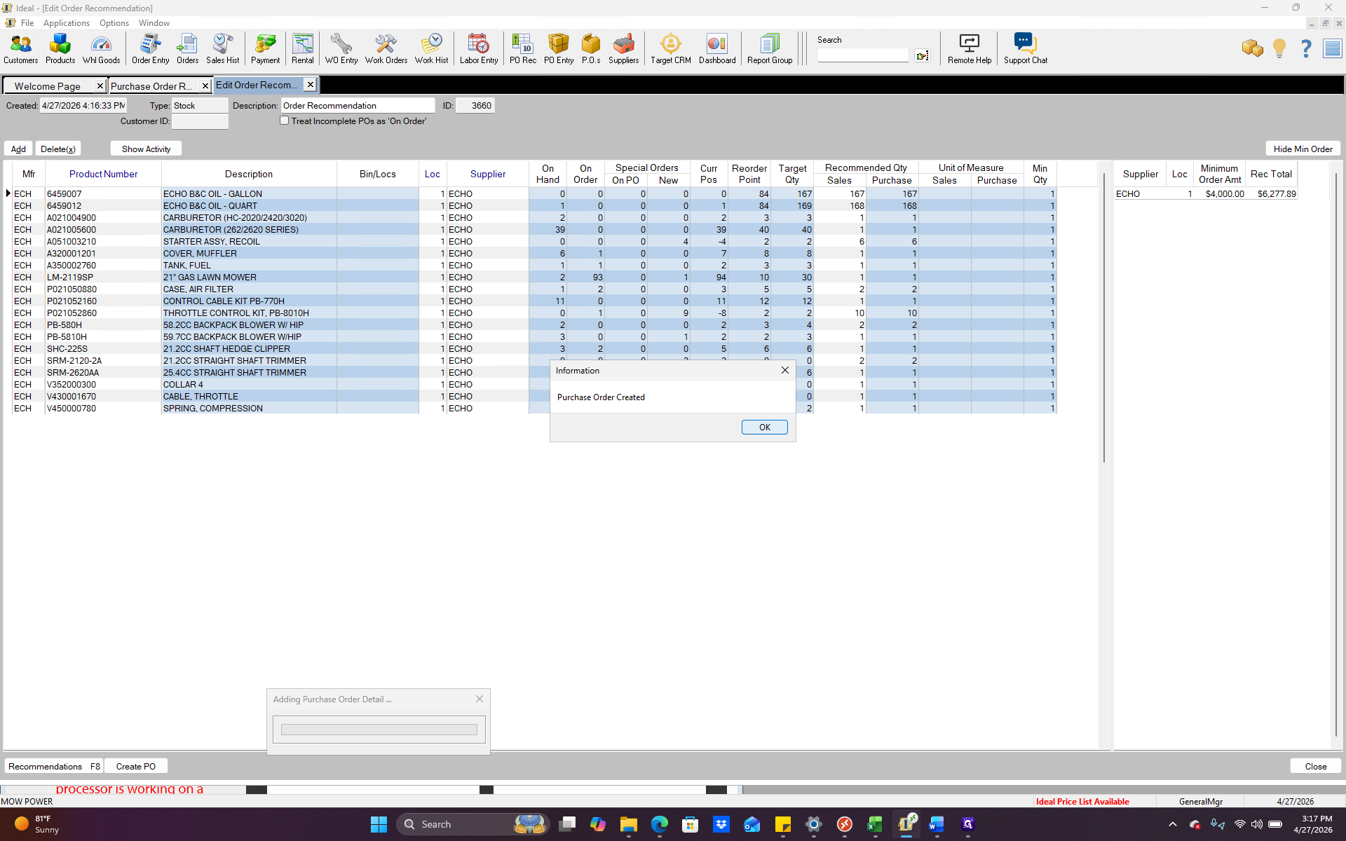 Step #10: Click OK on the success prompt. Your purchase order has now been created.