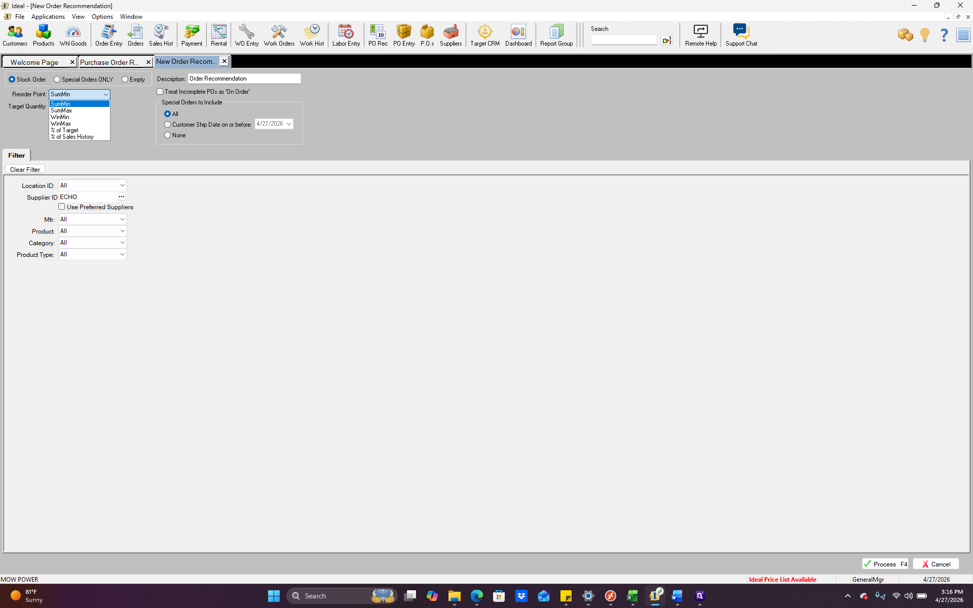 Step #5: Select your preferred Reorder Point from the dropdown menu to calculate recommendations based on specific seasonal values, such as Summer or Winter min/maxes.