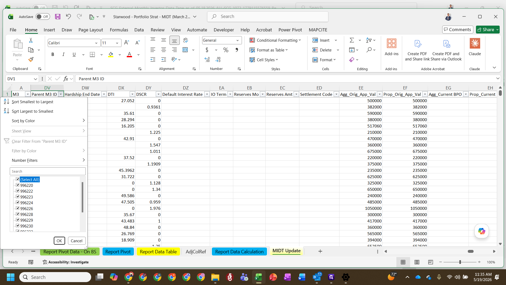 Step #19: Open the filter dropdown on the Parent M3 ID column if you need to investigate child records or loans collateralized by multiple properties.