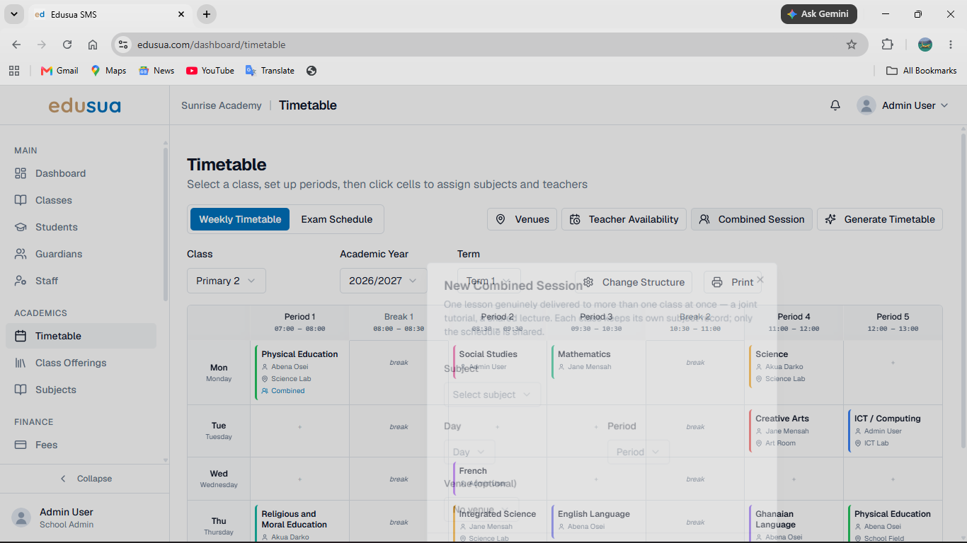 Step #1: Click Combined Session on the Timetable toolbar.
