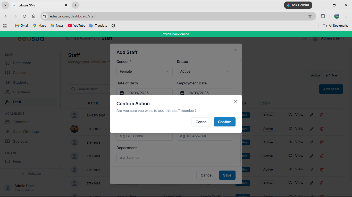 Step #17: Click Confirm to save the new staff record.