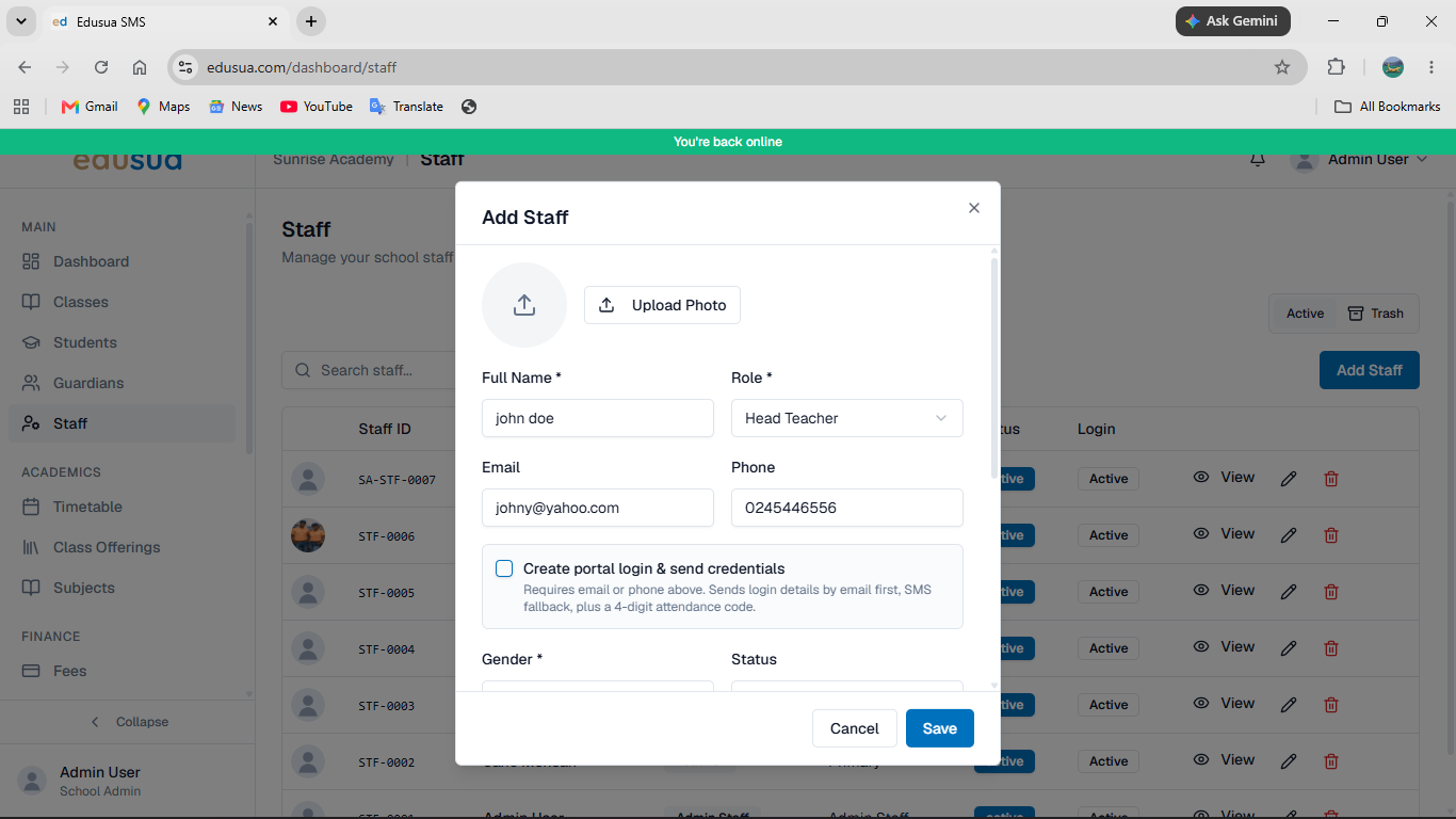Step #7: Click Create portal login & send credentials to grant system access.