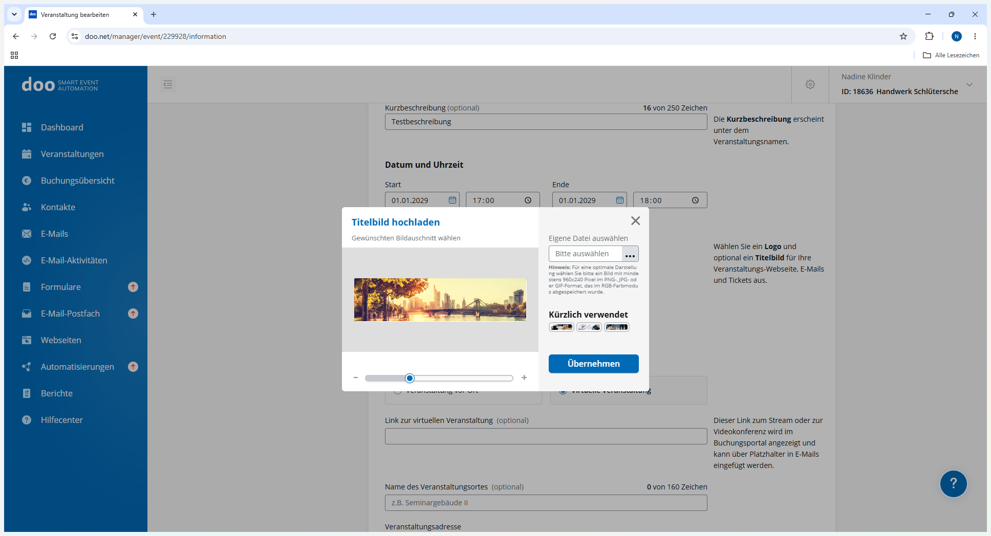 Step #6: Lade ein passendes Titelbild oder Banner für die Veranstaltung hoch und passe den Bildausschnitt an.