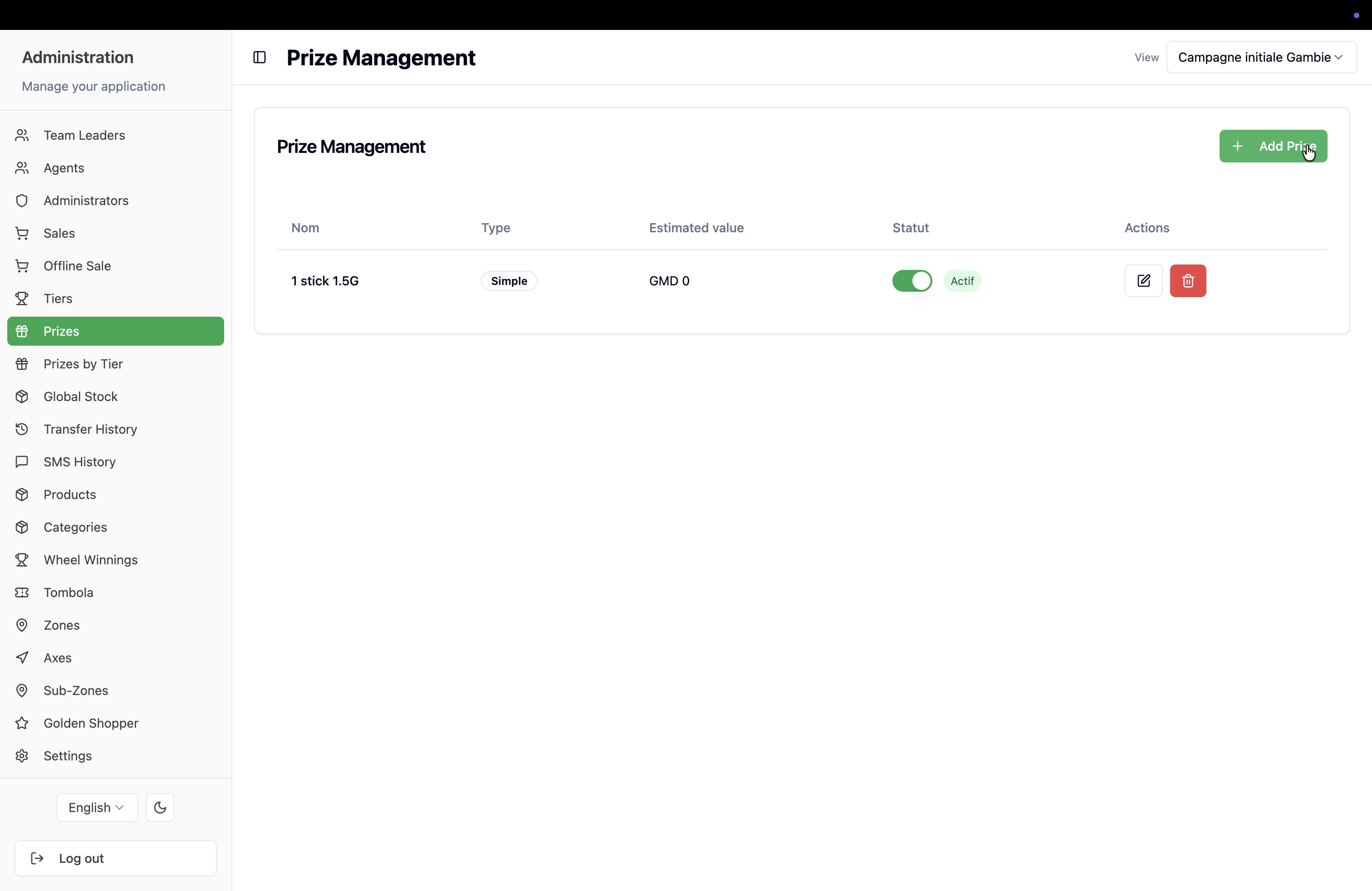 Step #2: Click + Add Prize in the top right corner of the main dashboard.