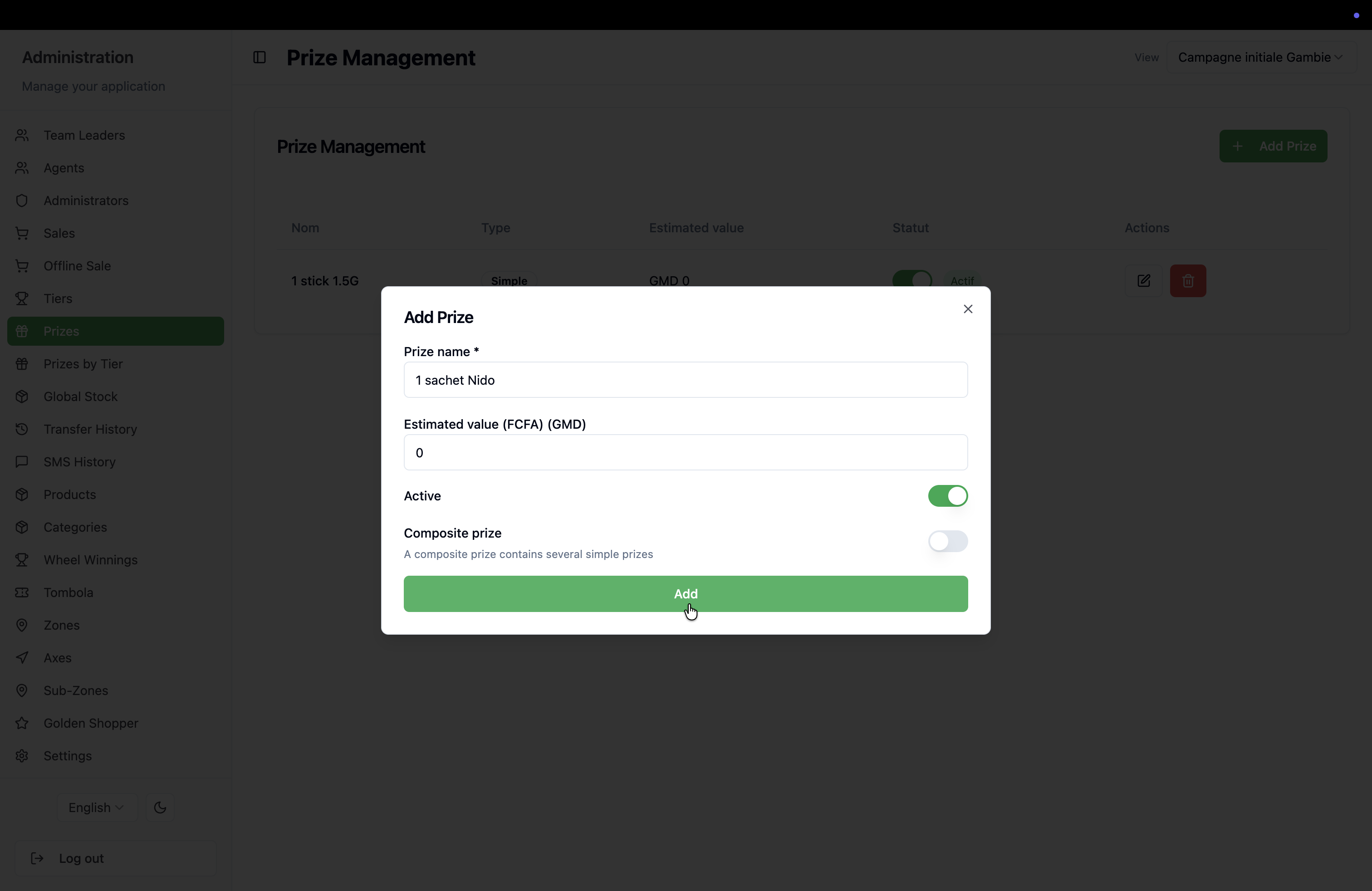 Step #4: Click Add at the bottom of the modal to save the new prize to your inventory.