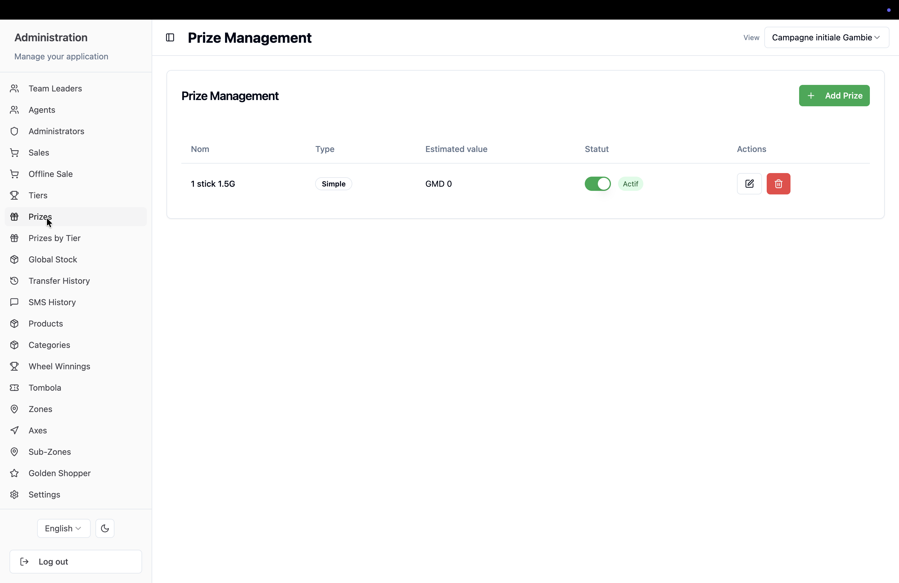 Step #1: Click Prizes in the left-hand navigation sidebar to access your inventory.