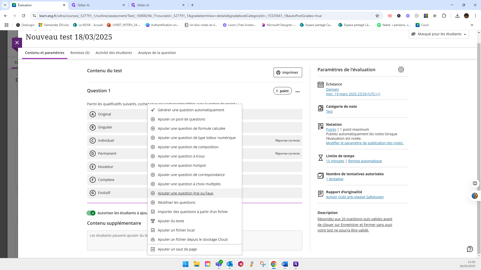 Step #41: Click on "+ Ajouter une question Vrai ou Faux"