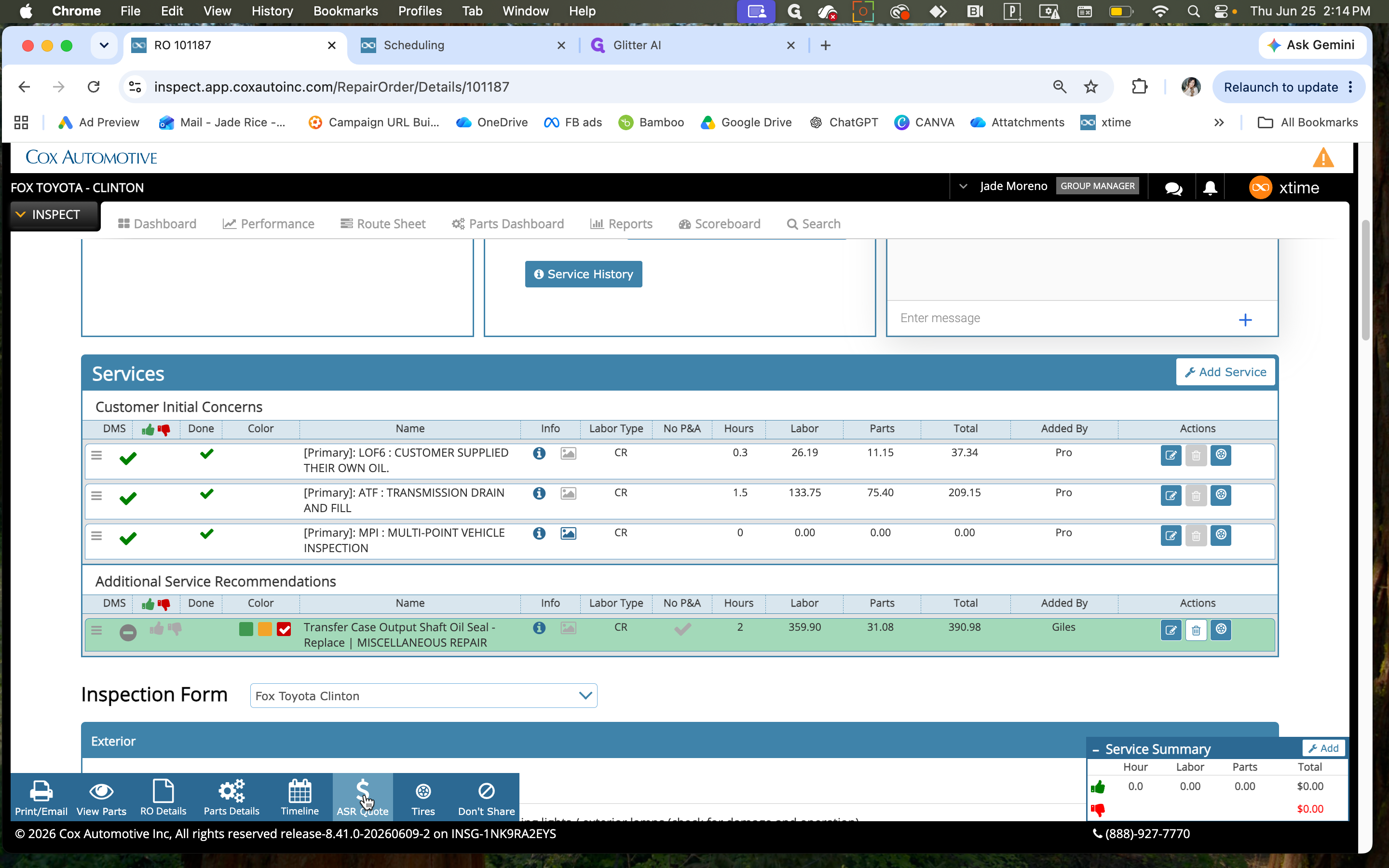 Step #2: Once the pricing is verified, click ASR Quote in the bottom navigation menu.