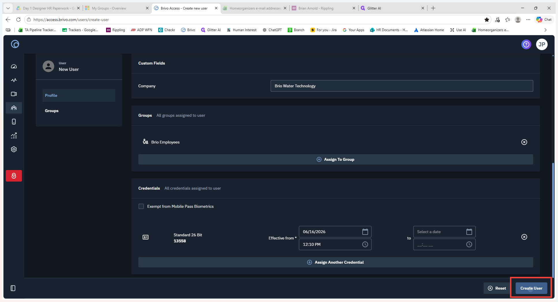Step #13: Click Create User at the bottom right of the screen to save the completed user profile.