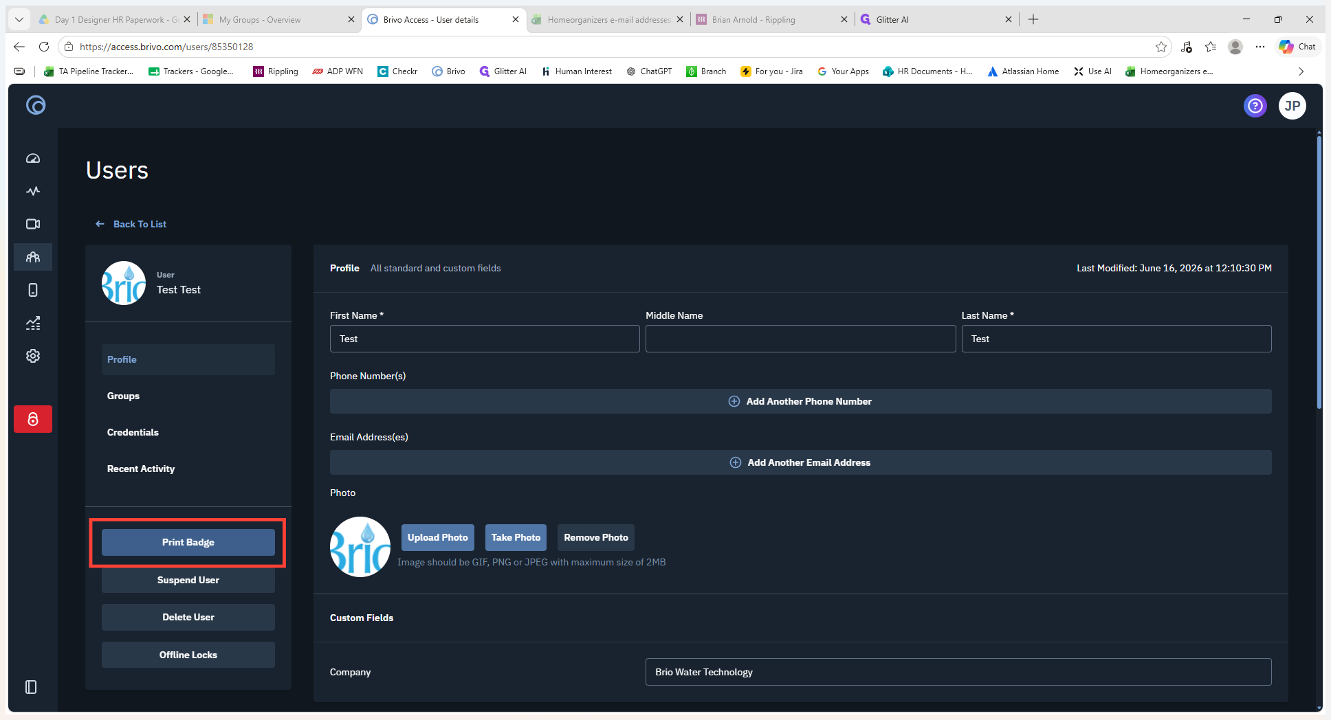 Step #14: On the new user's profile page, click Print Badge in the contact information section.