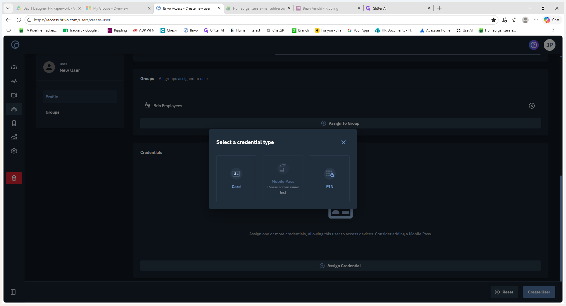 Step #10: Select the credential type you want to assign from the modal. For this example, choose the Card option.