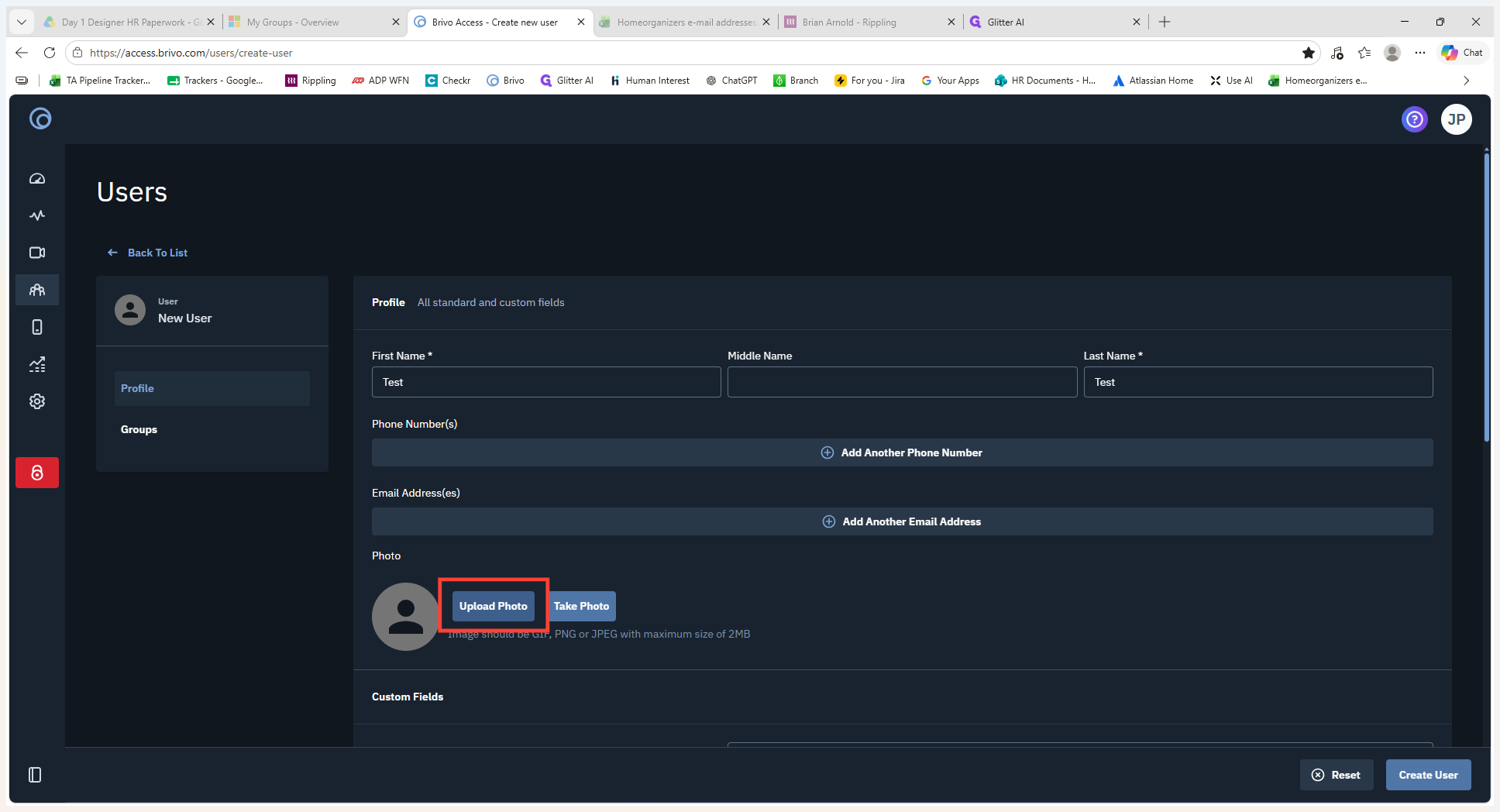 Step #6: Click Upload Photo to attach a profile picture for the user.