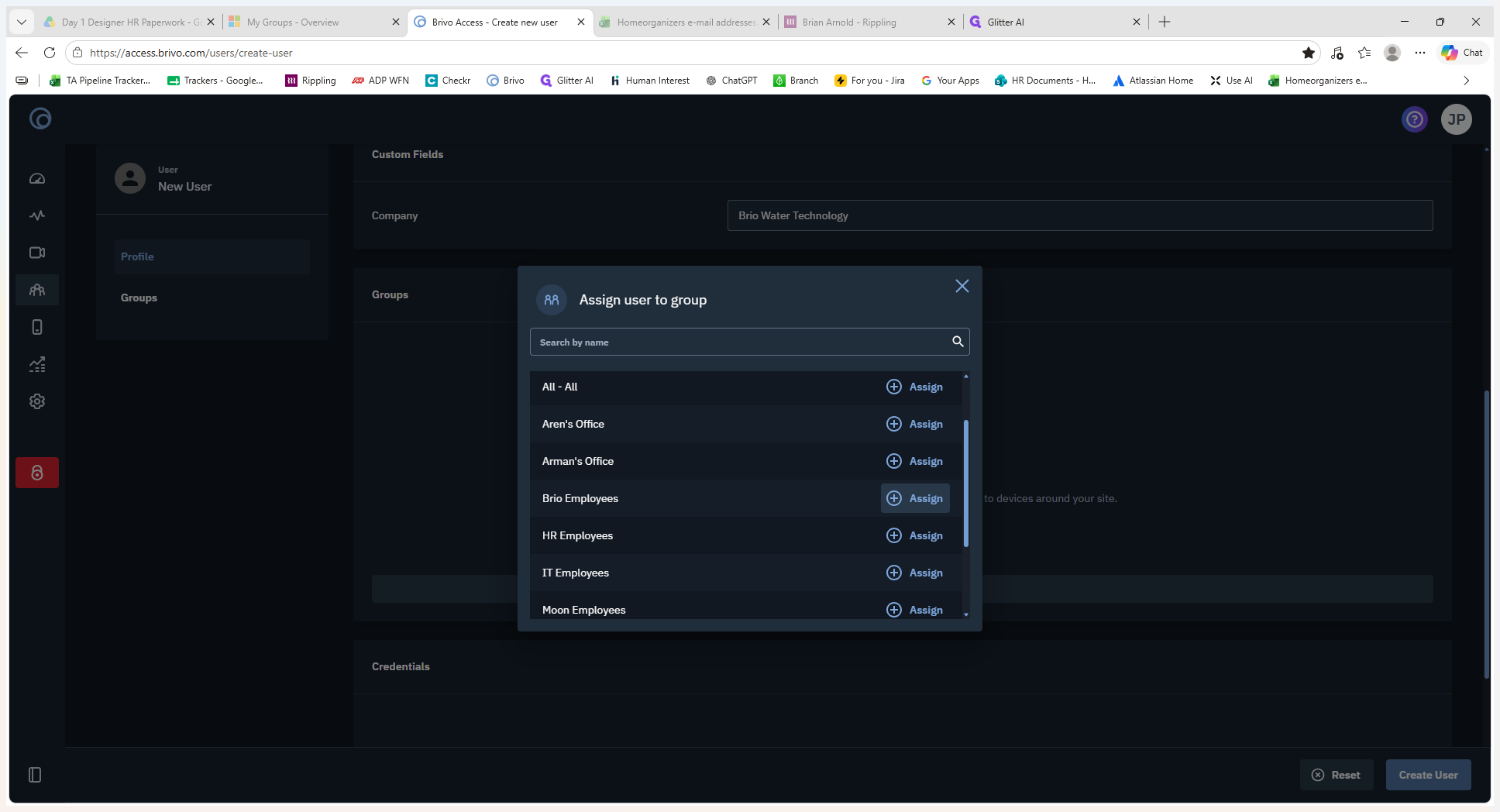Step #8: Click Assign (the + icon) next to the desired group, such as "Brio Employees", to link the user to those access permissions.