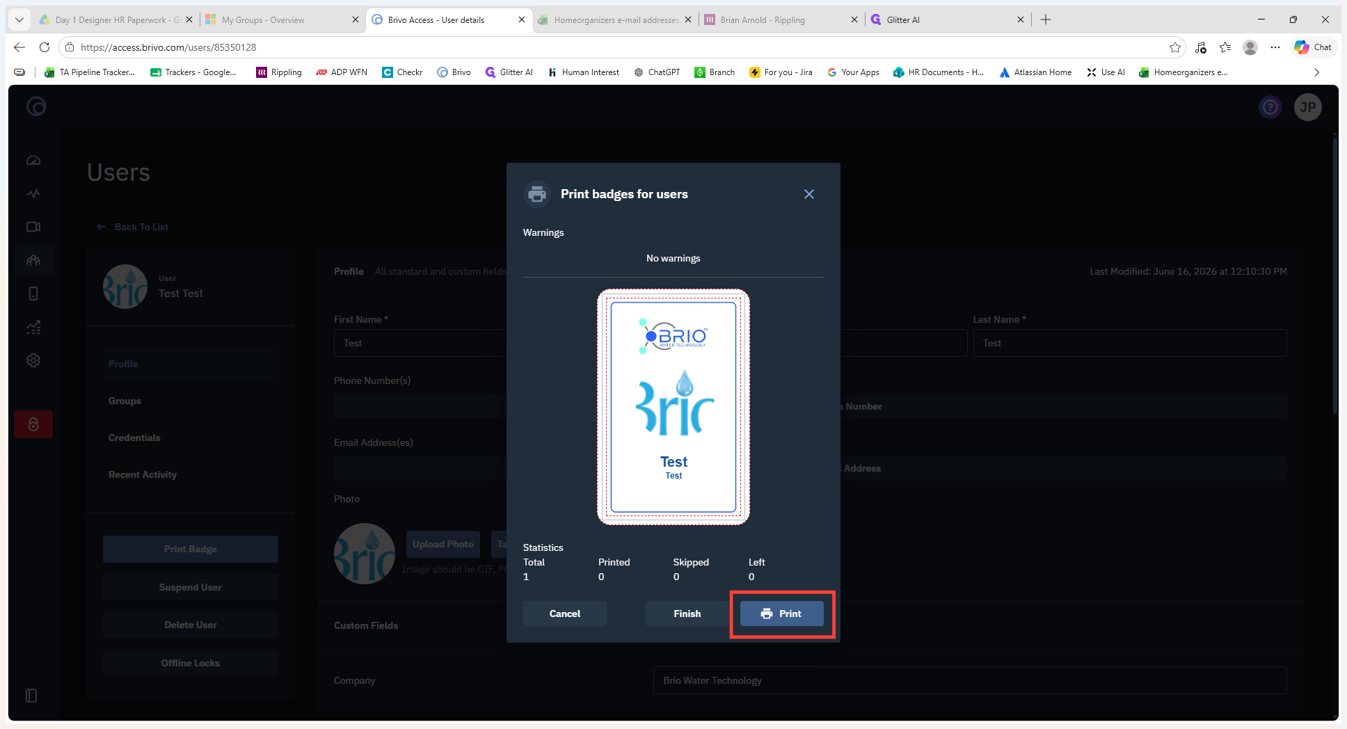 Step #17: Review the badge preview, then click Print at the bottom right of the modal to open the browser print dialog.