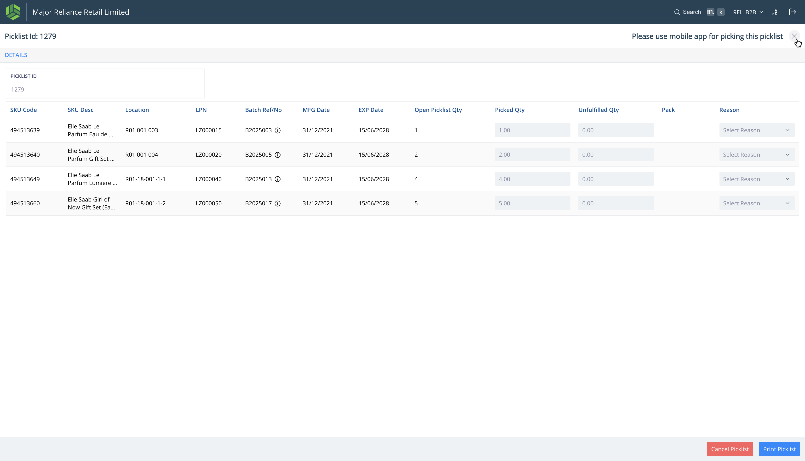 Step #4: Upon clicking the picklist, the SKUs across all the orders in the picklist are shown.