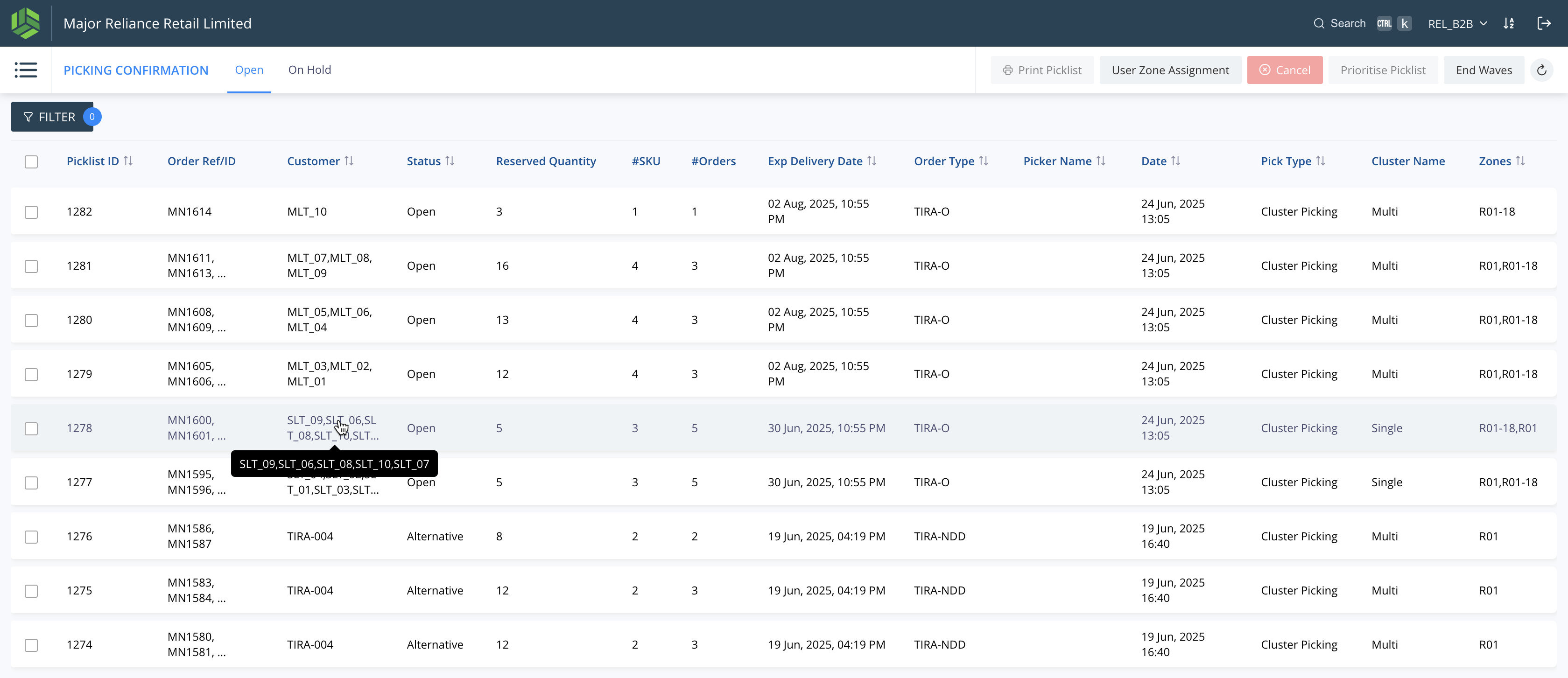 Step #2: These are the picklists available/ open to pick for the pickers.