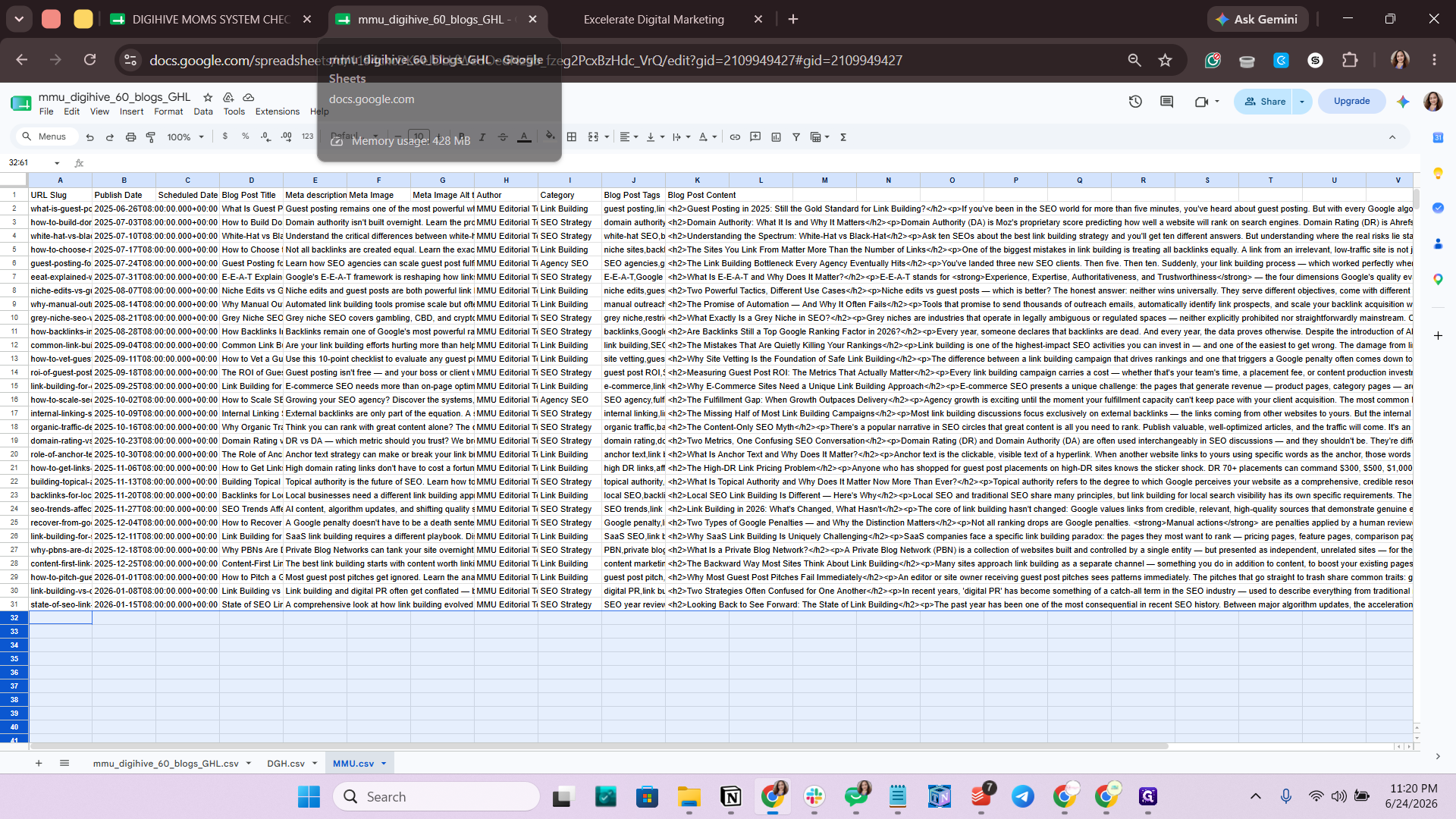 Step #1: Open your Google Sheets document and select the specific tab containing your prepared blog content.