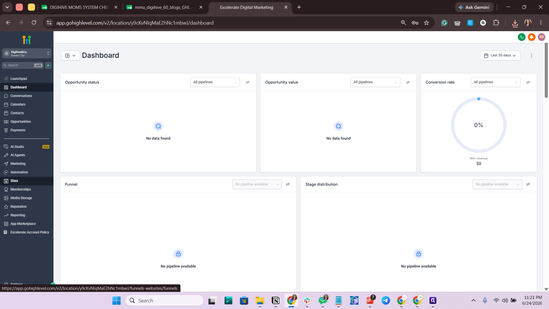 Step #4: In your GoHighLevel dashboard, click Sites in the left sidebar menu.